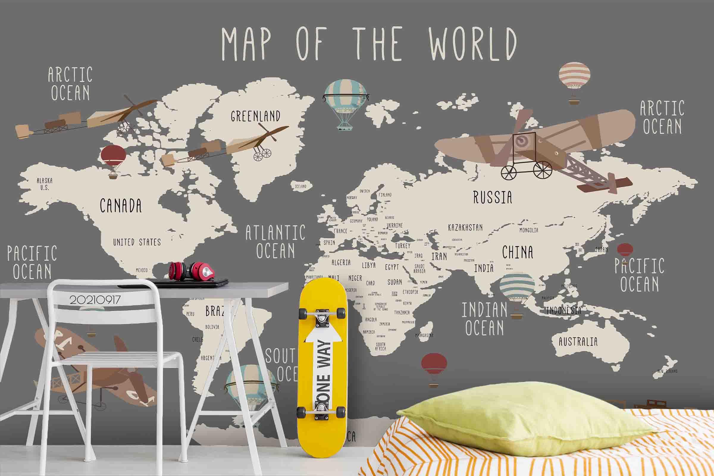 3D Gray World Map Airplane Wall Mural Wallpaper LQH 90- Jess Art Decoration
