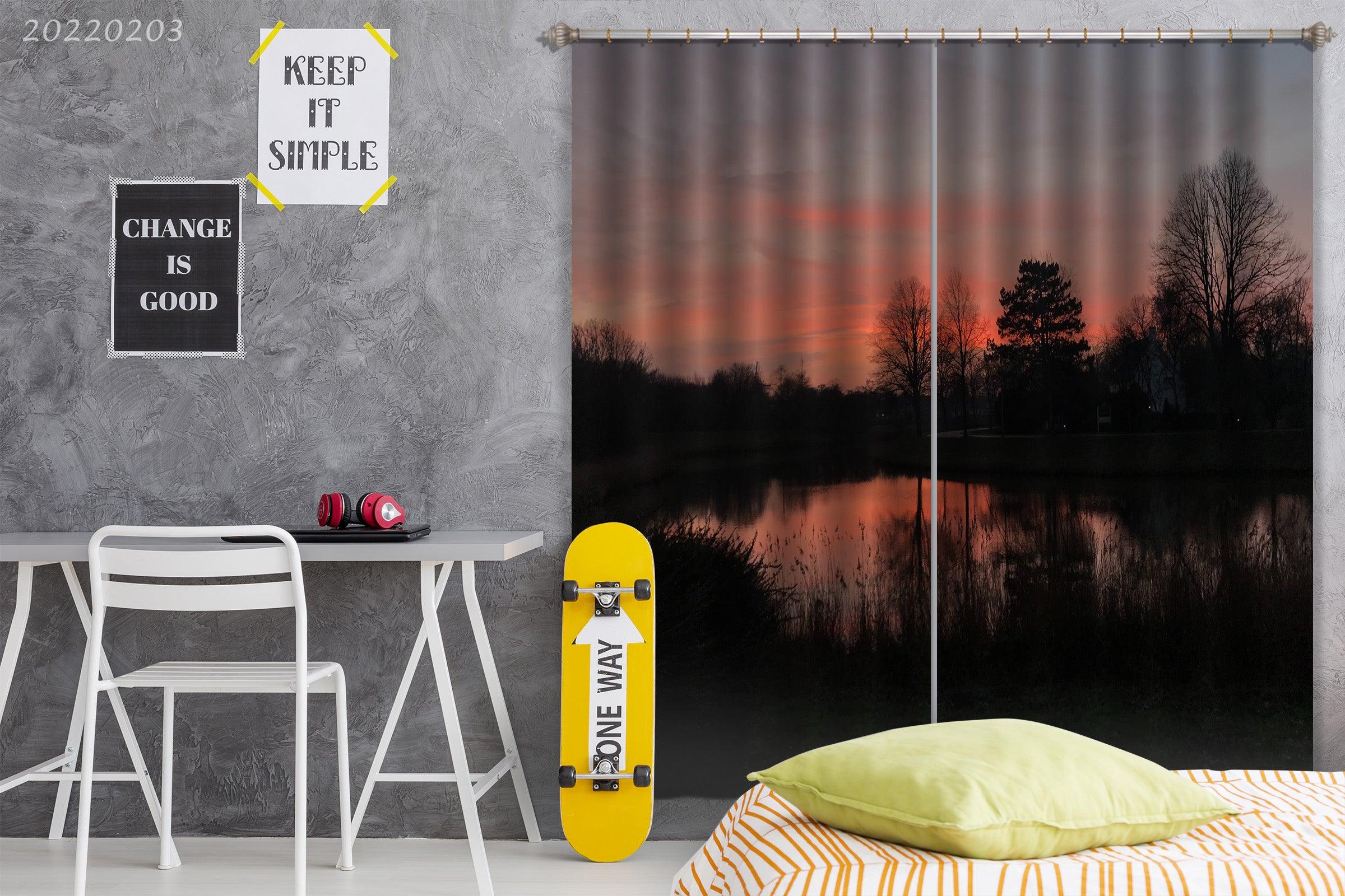 3D Black Woods Lake Red Sky Curtains and Drapes GD 1146- Jess Art Decoration