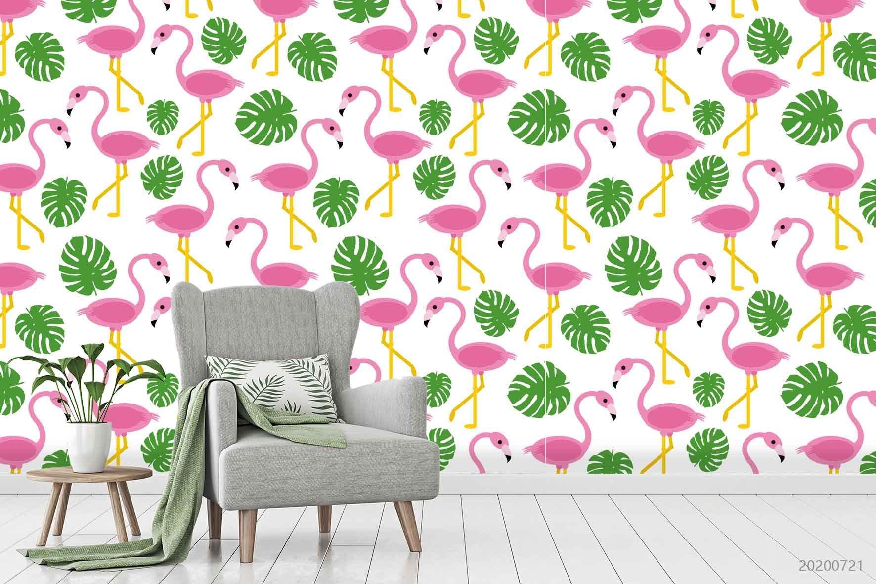 3D Cartoon Pink Flamingo Leaf Wall Mural Wallpaper LXL 457- Jess Art Decoration