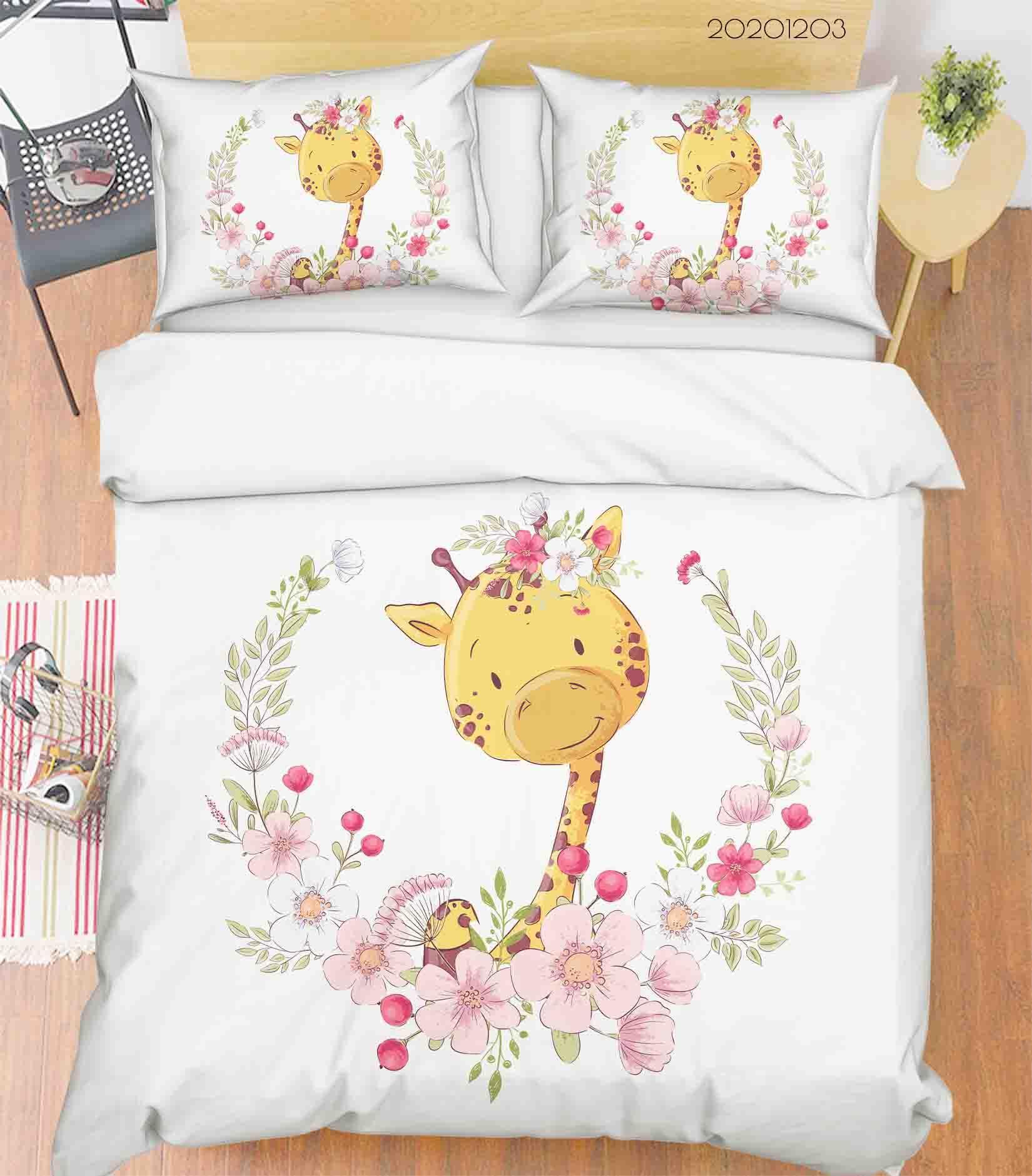 3D Cartoon Hand Drawn Pink Floral Plant Giraffe Animal Quilt Cover Set Bedding Set Duvet Cover Pillowcases LXL- Jess Art Decoration
