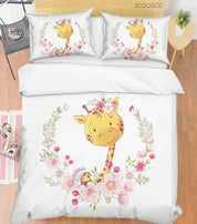 3D Cartoon Hand Drawn Pink Floral Plant Giraffe Animal Quilt Cover Set Bedding Set Duvet Cover Pillowcases LXL- Jess Art Decoration
