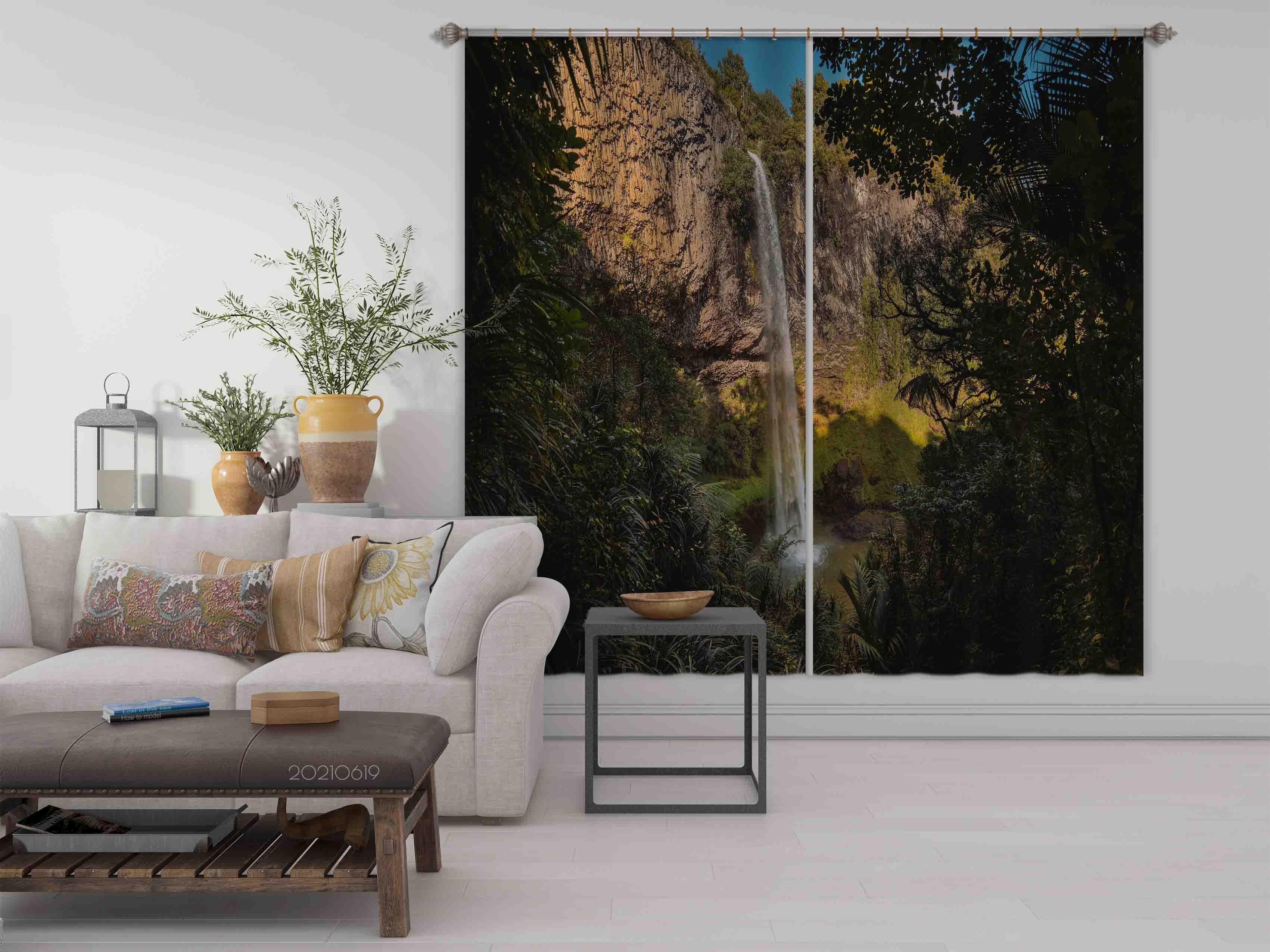 3D Mountain Rock Waterfall Plant Leaf Landscape Curtains and Drapes LLL 554- Jess Art Decoration