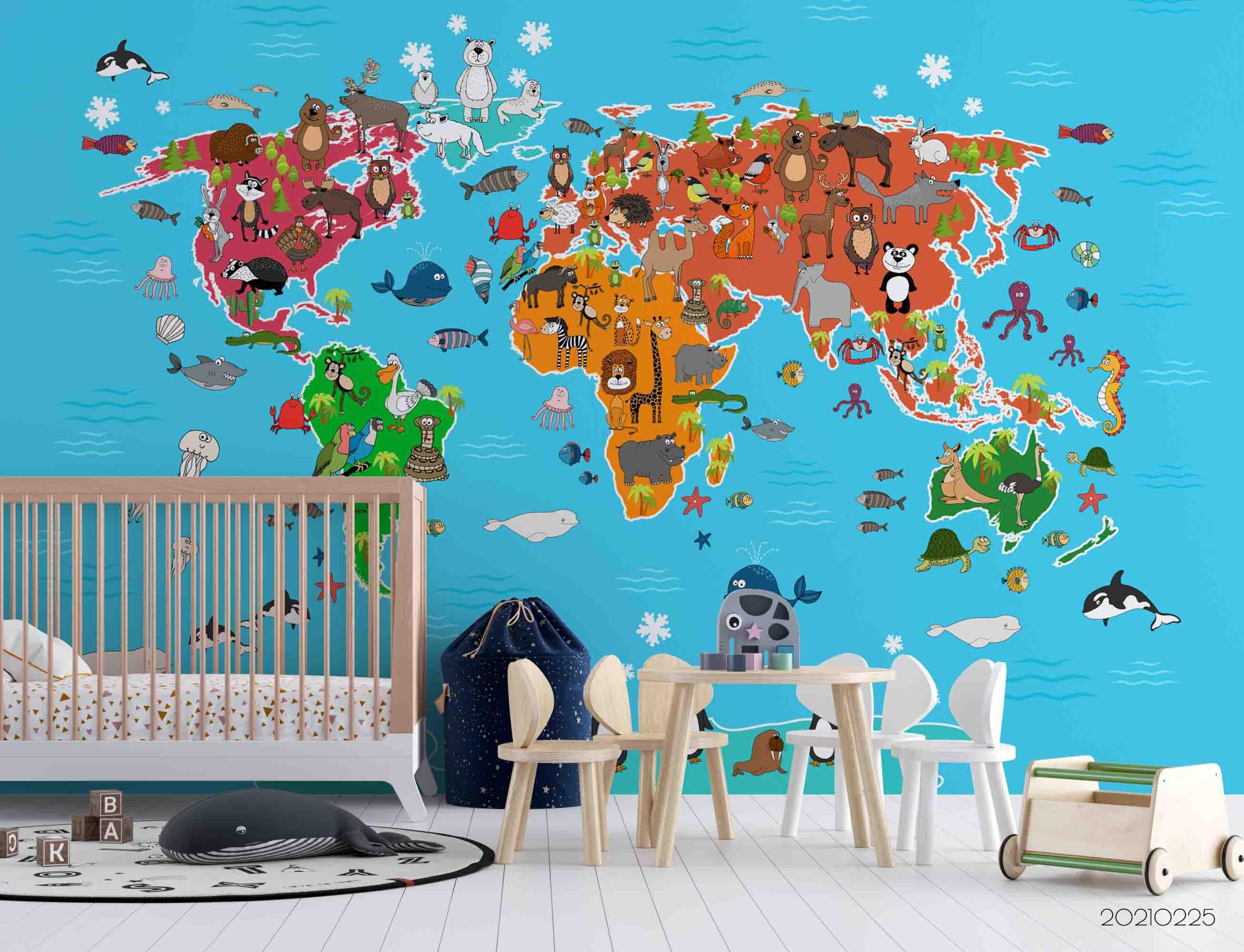 3D Cartoon Blue World Animal Map Wall Mural Wallpaper LQH 256- Jess Art Decoration