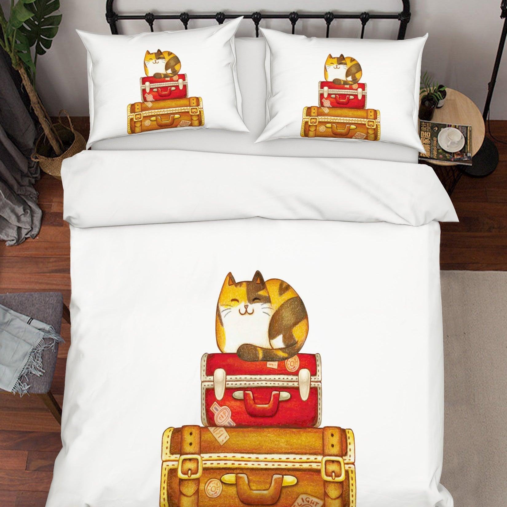 3D White Retro Suitcase Cat Quilt Cover Set Bedding Set Duvet Cover Pillowcases SF35- Jess Art Decoration