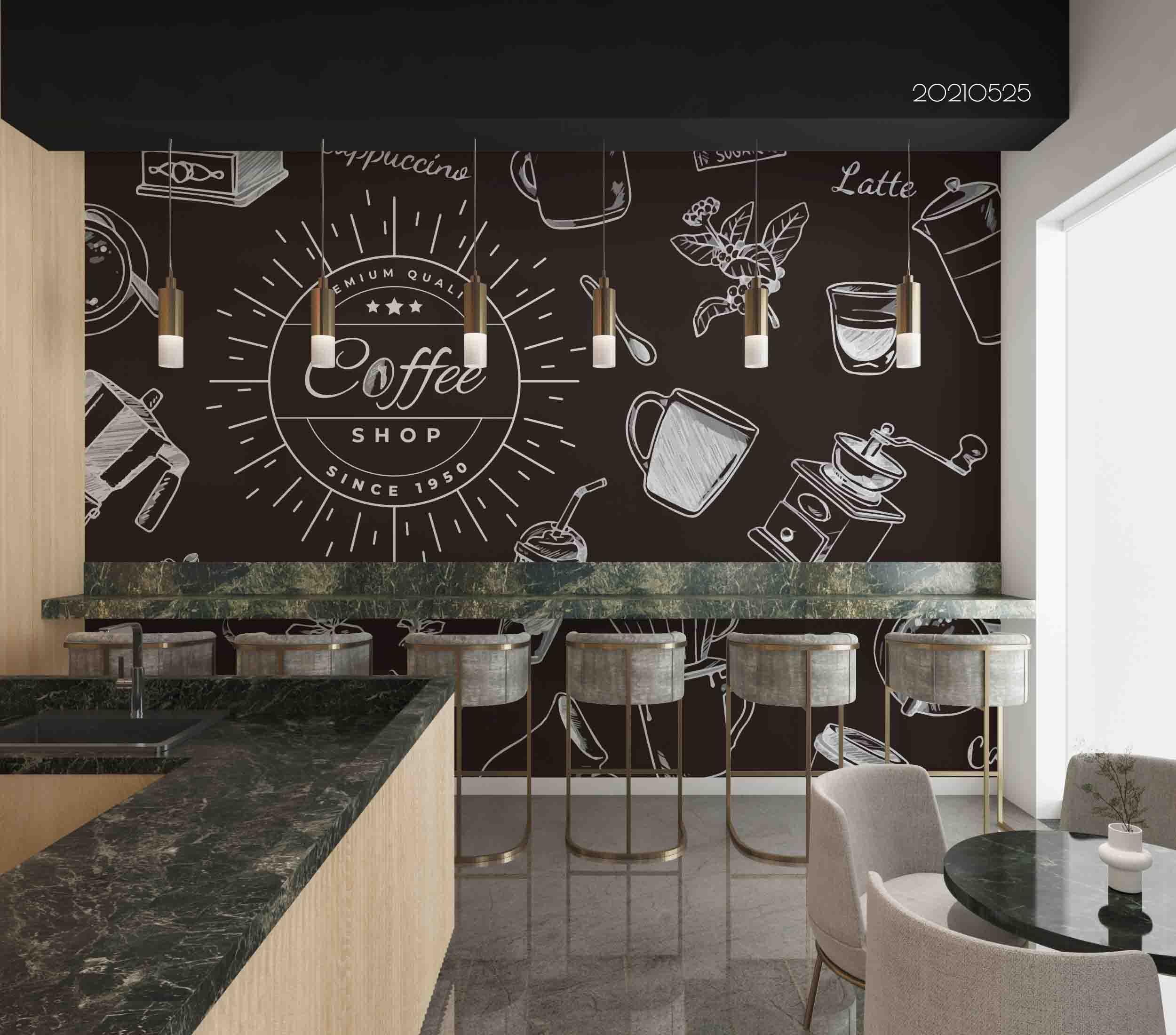3D  Black  White  Coffee Shop Black Background   Wall Mural Wallpaper SWW12- Jess Art Decoration