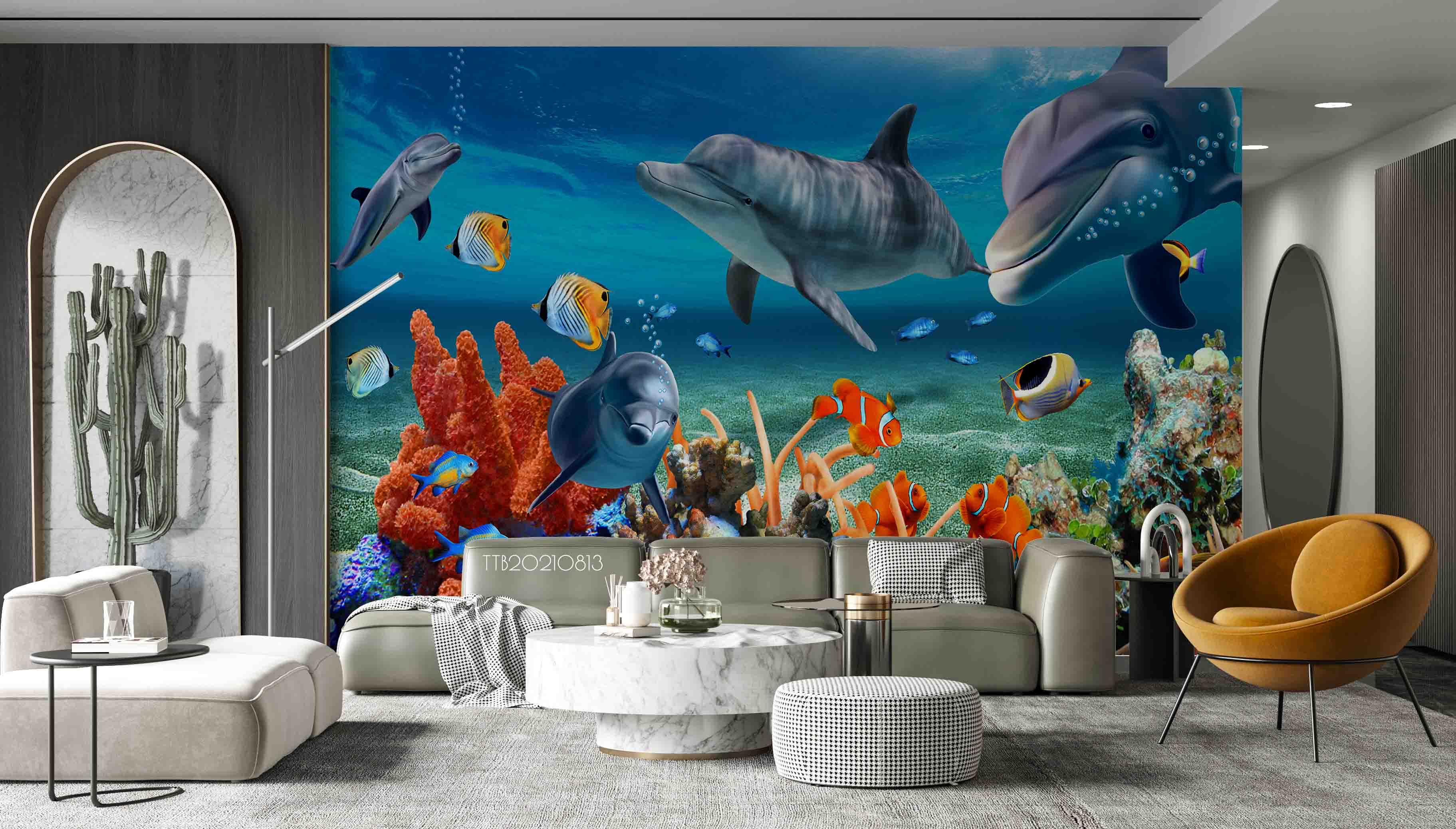 3D Hand-painted Cartoon Underwater World Fish Dolphin Coral Wall Mural Wallpaper 5089- Jess Art Decoration