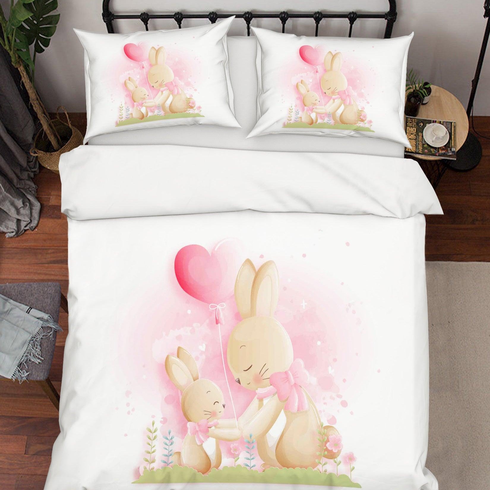 3D White Red Heart Balloon Rabbit Floral Quilt Cover Set Bedding Set Duvet Cover Pillowcases SF68- Jess Art Decoration