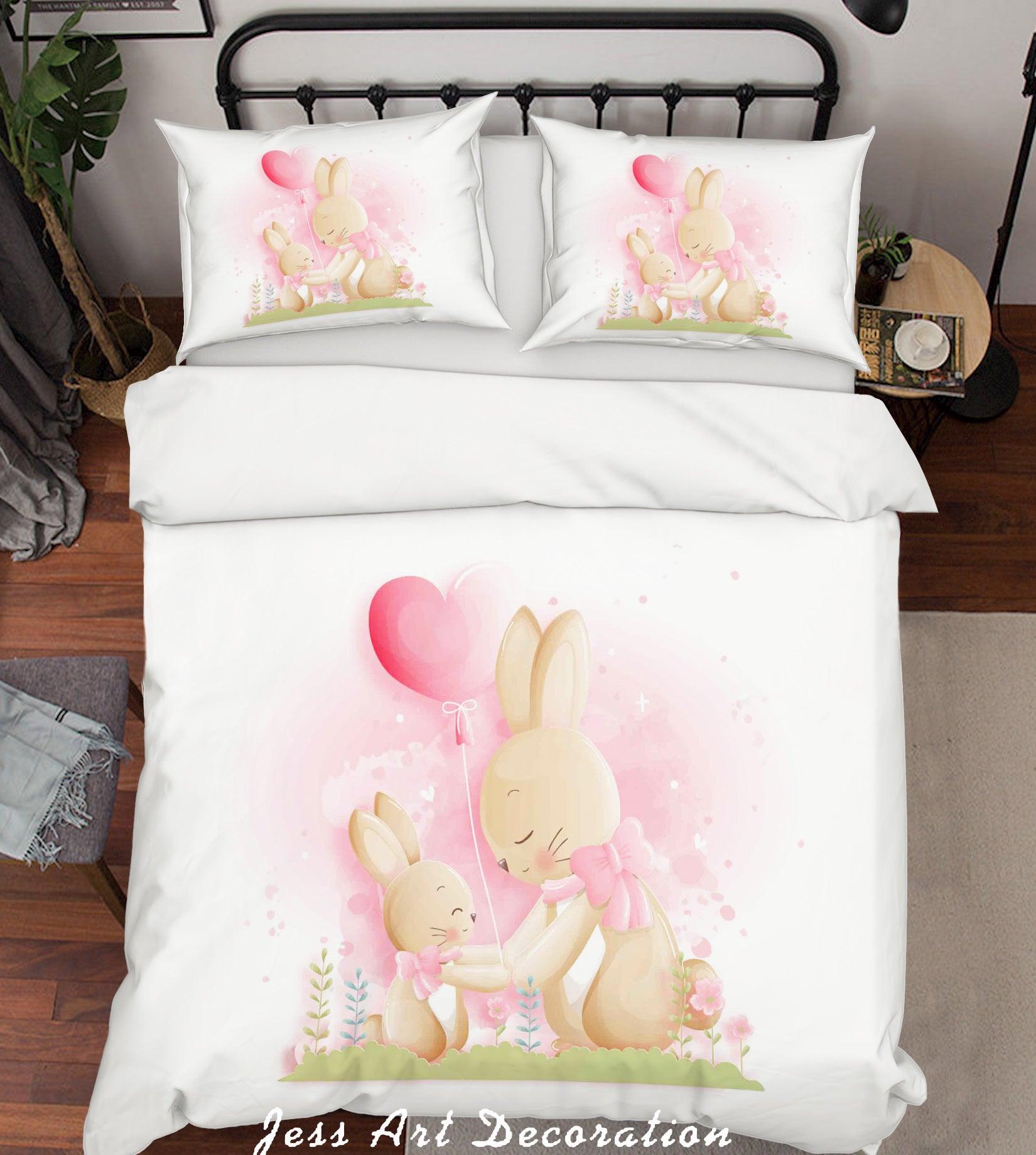 3D White Red Heart Balloon Rabbit Floral Quilt Cover Set Bedding Set Duvet Cover Pillowcases SF68- Jess Art Decoration