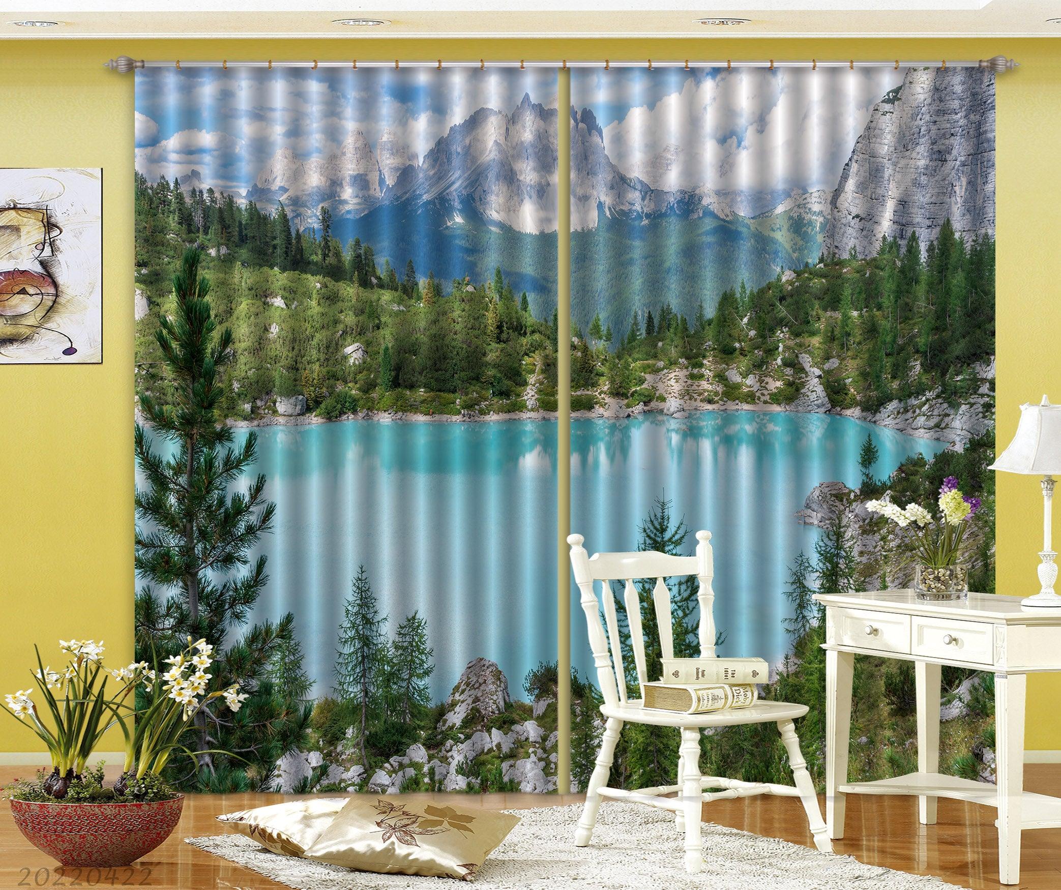 3D Landscape Peak Forest Green Trees Lake Curtains and Drapes GD 4260- Jess Art Decoration