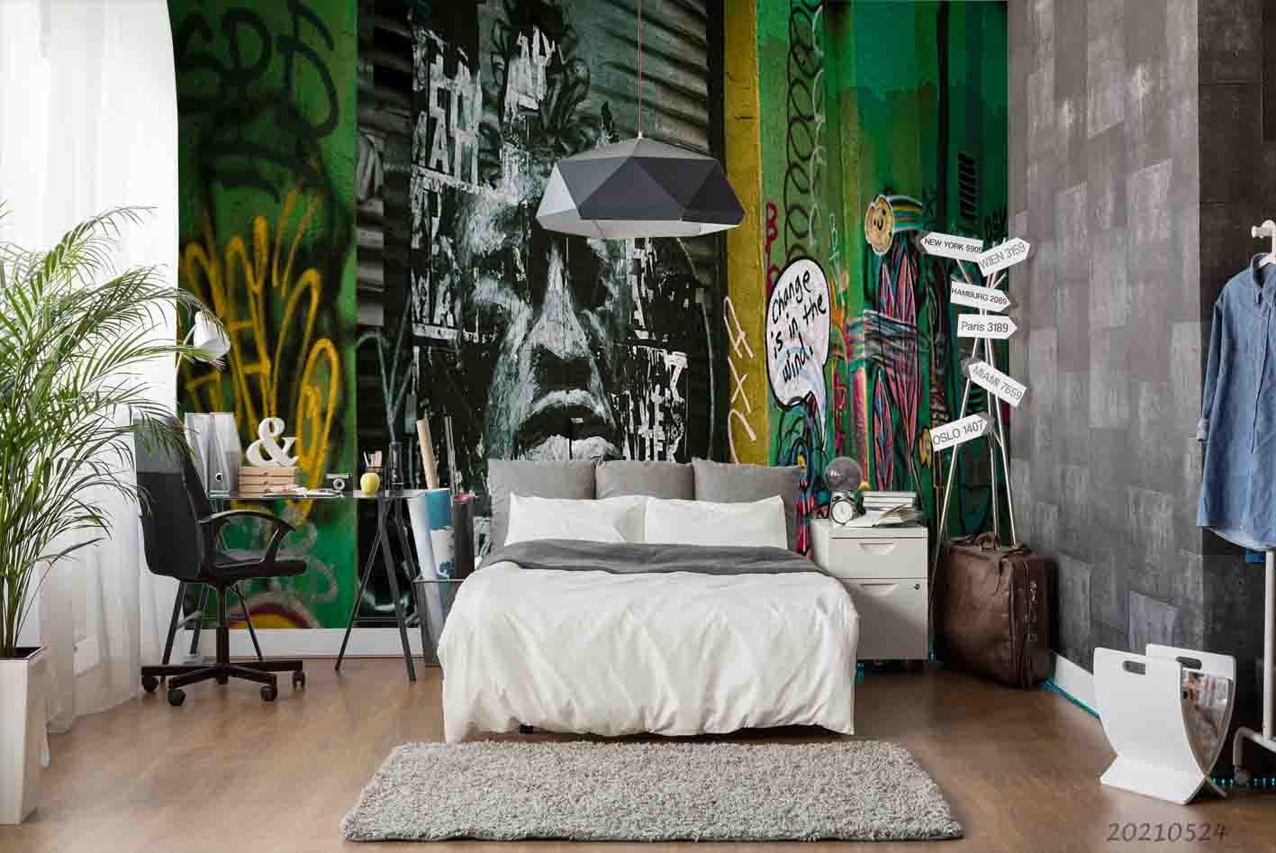 3D Abstract Graffiti Green Man Freedom Damaged Sign Wall Mural Wallpaper SWW170- Jess Art Decoration