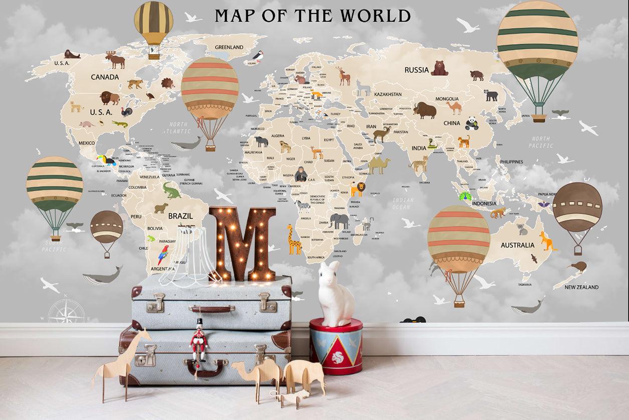 3D World Map Hot Air Balloon Wall Mural Wallpaper LQH 35- Jess Art Decoration