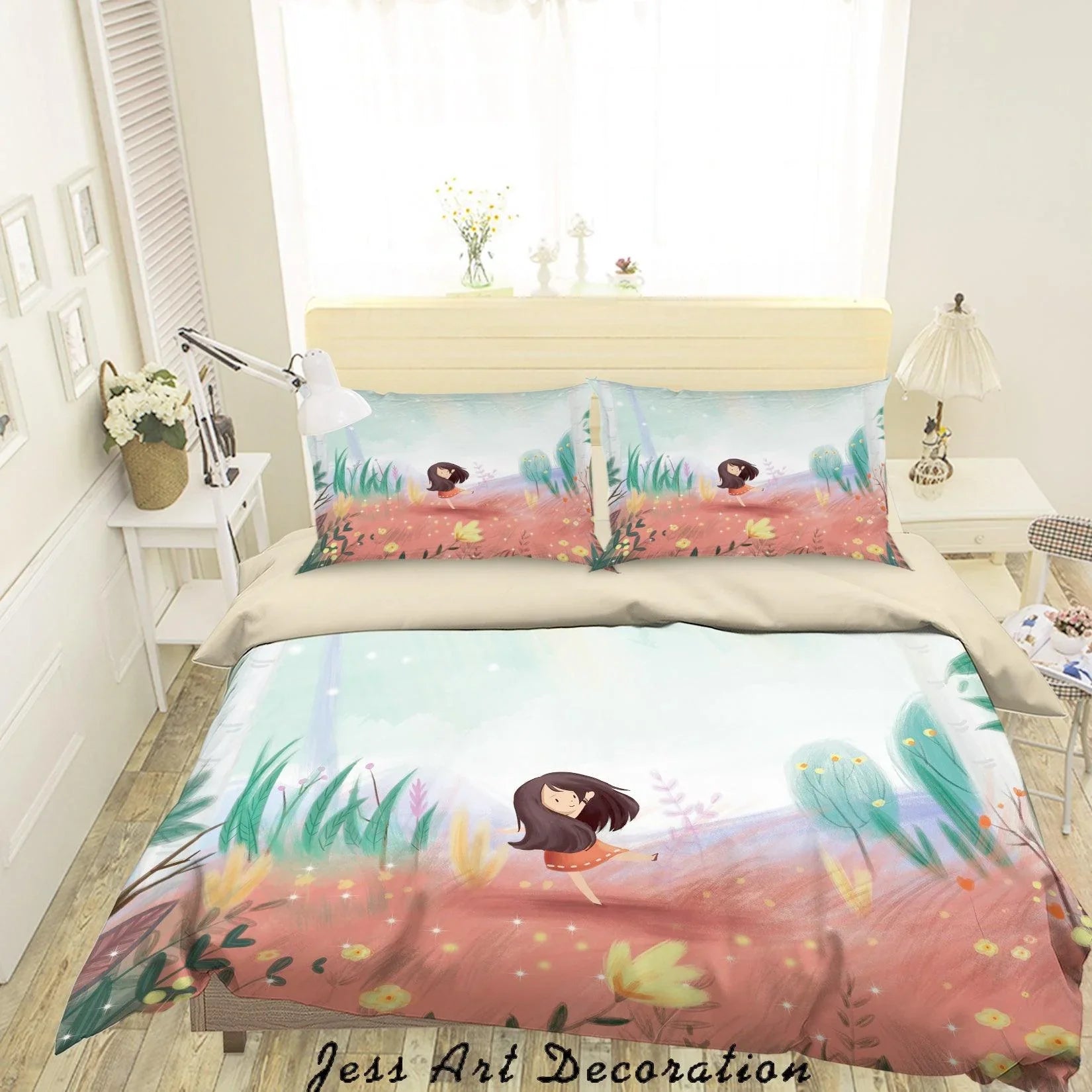3D Cartoon Girl Flower Tree Quilt Cover Set Bedding Set Duvet Cover Pillowcases A567 LQH- Jess Art Decoration
