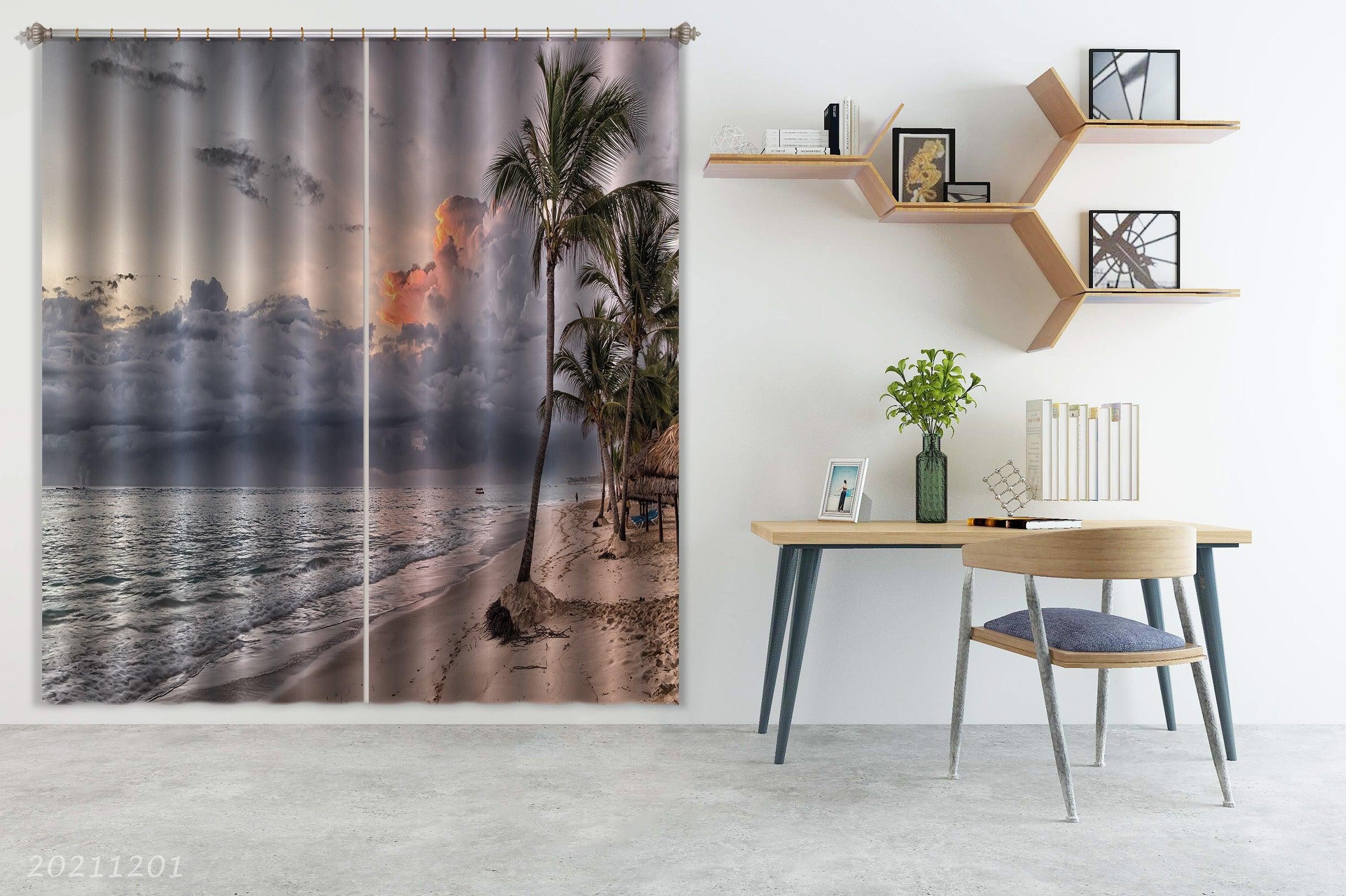 3D Beach Sea Spray Sky Blue Landscape Tropical Plant Curtains and Drapes LLL 281- Jess Art Decoration