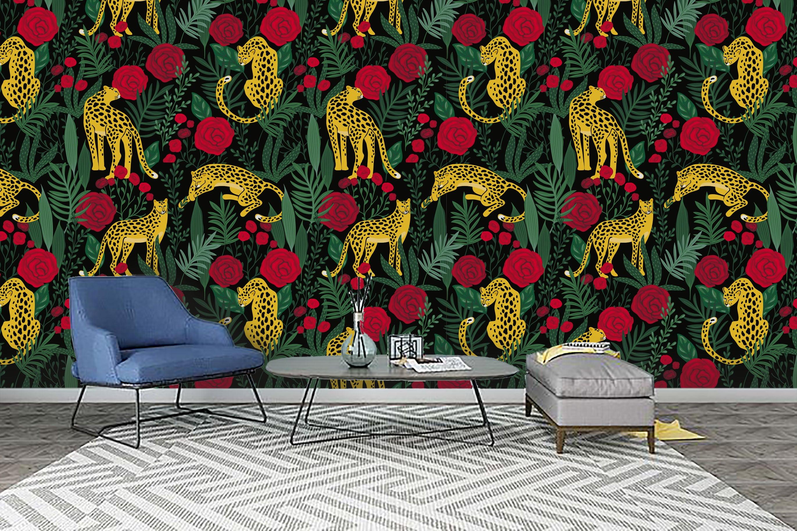 3D Leopard Red Flowers Green leaves Wall Mural Wallpaper 60- Jess Art Decoration