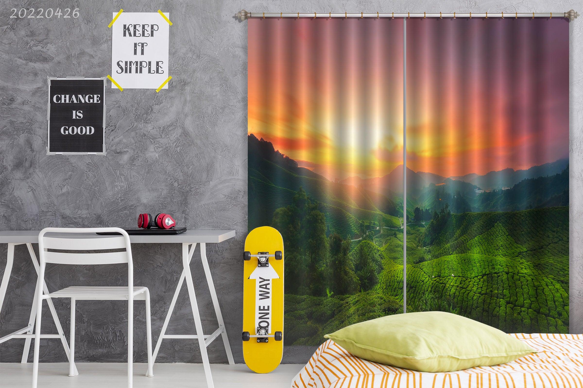 3D Landscape Mountain Tea Plantation Green Tree Sunset Curtains and Drapes GD 4873- Jess Art Decoration