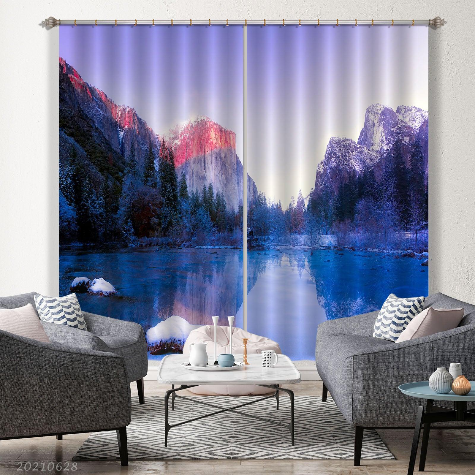 3D Snow Mountain Forest River Landscape Curtains and Drapes LQH 175- Jess Art Decoration