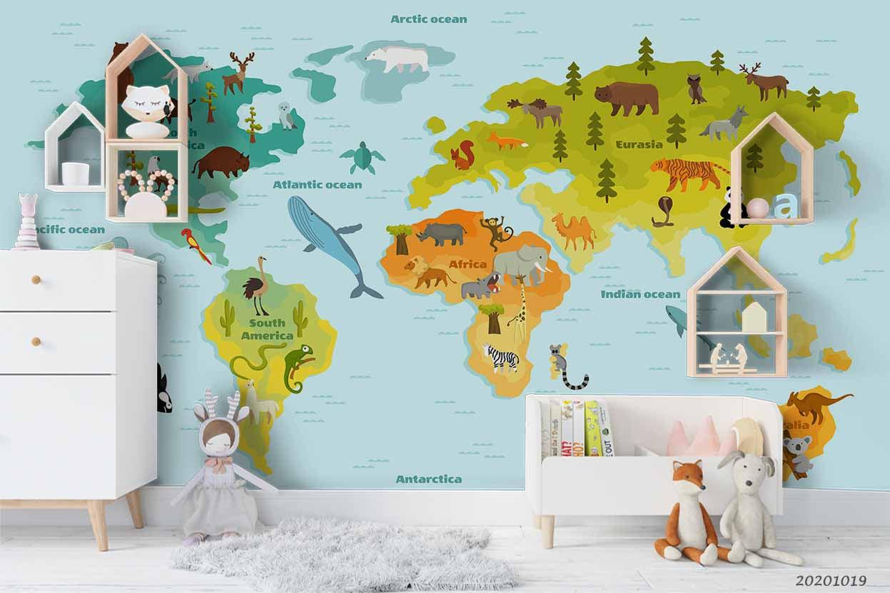 3D Cartoon Children Map Animal Wall Mural Wallpaper WJ 9431- Jess Art Decoration
