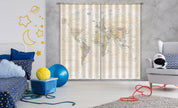 3D World Map Khaki Curtains and Drapes A60- Jess Art Decoration