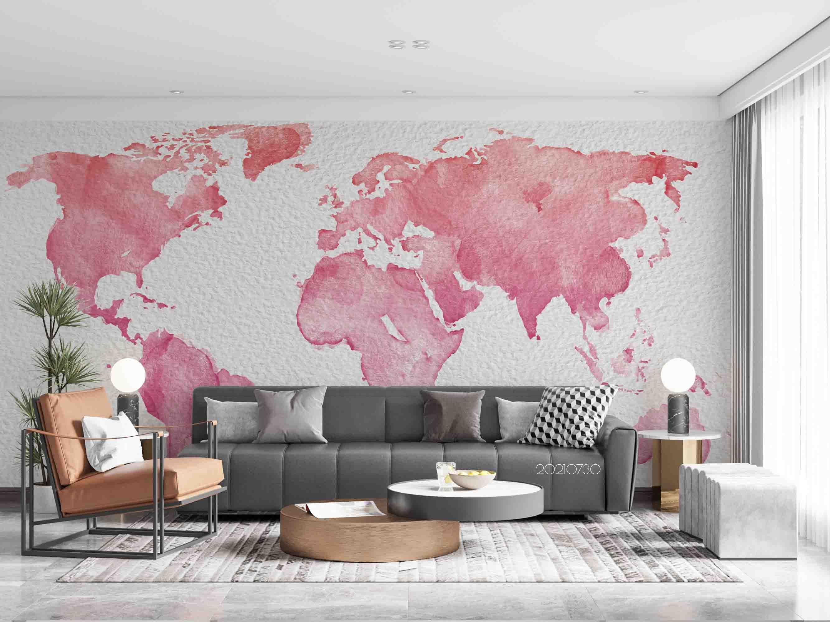 3D Watercolor Pink Map World Wall Mural Wallpaper SWW4479- Jess Art Decoration