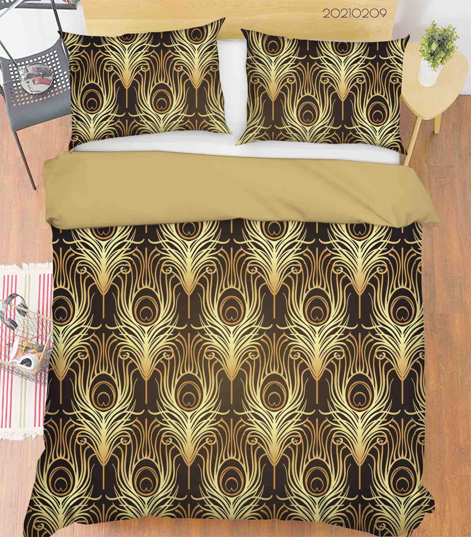 3D Hand Drawn Golden Feather Quilt Cover Set Bedding Set Duvet Cover Pillowcases 290- Jess Art Decoration