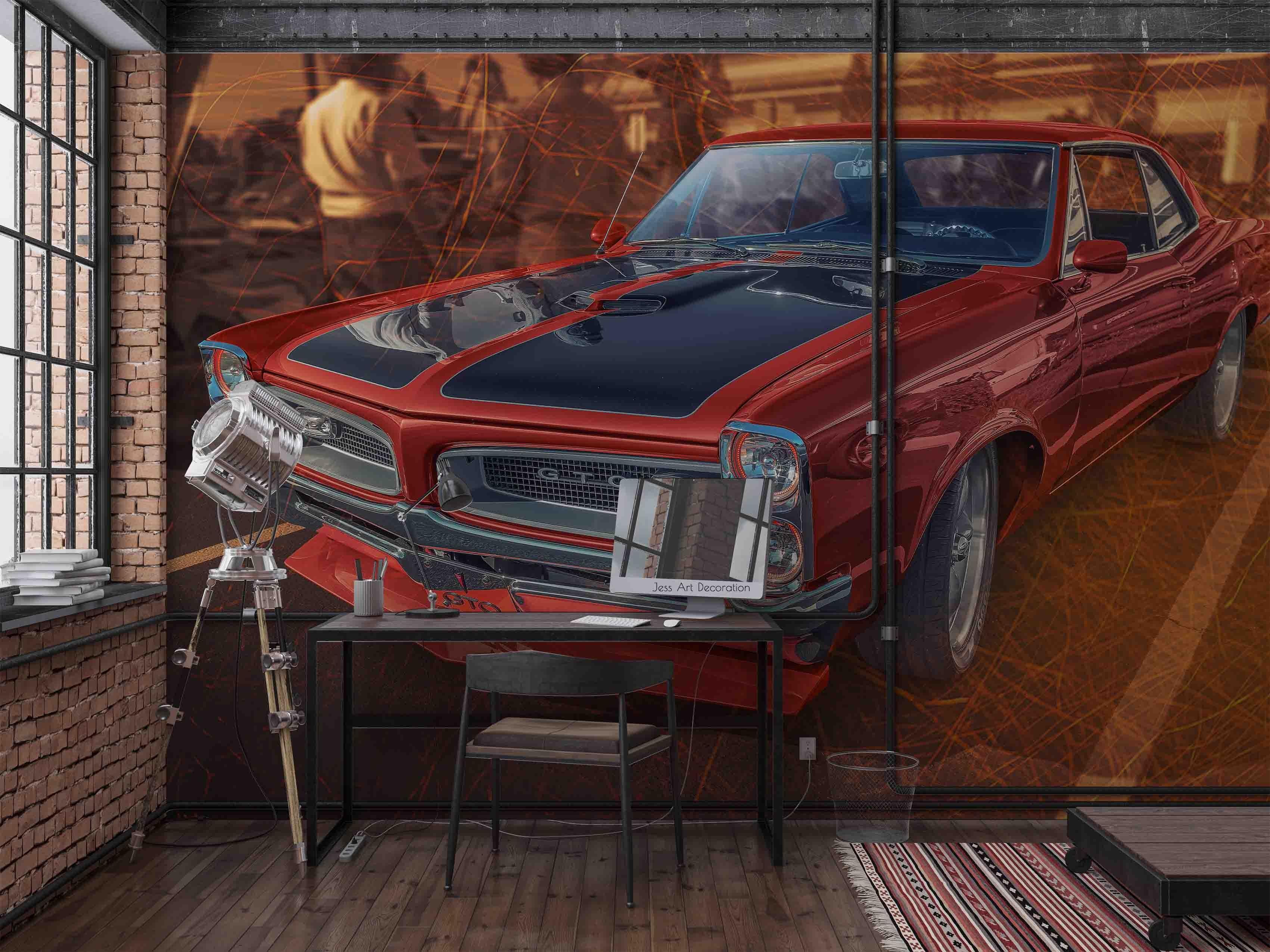 3D Retro American Red Muscle Car Pattern Wall Mural Wallpaper GD 3248- Jess Art Decoration
