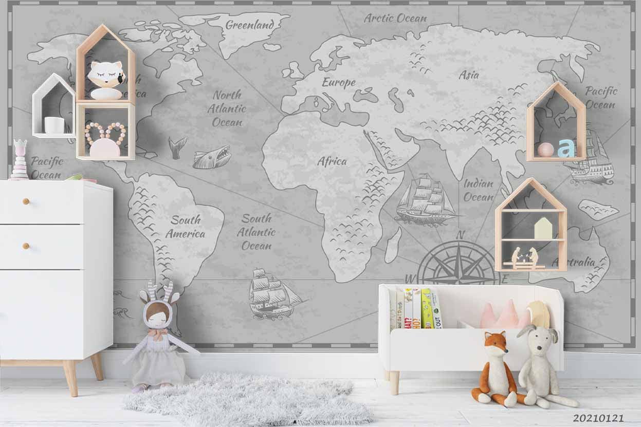 3D Hand Drawn Grey World Map Wall Mural Wallpaper LQH 36- Jess Art Decoration