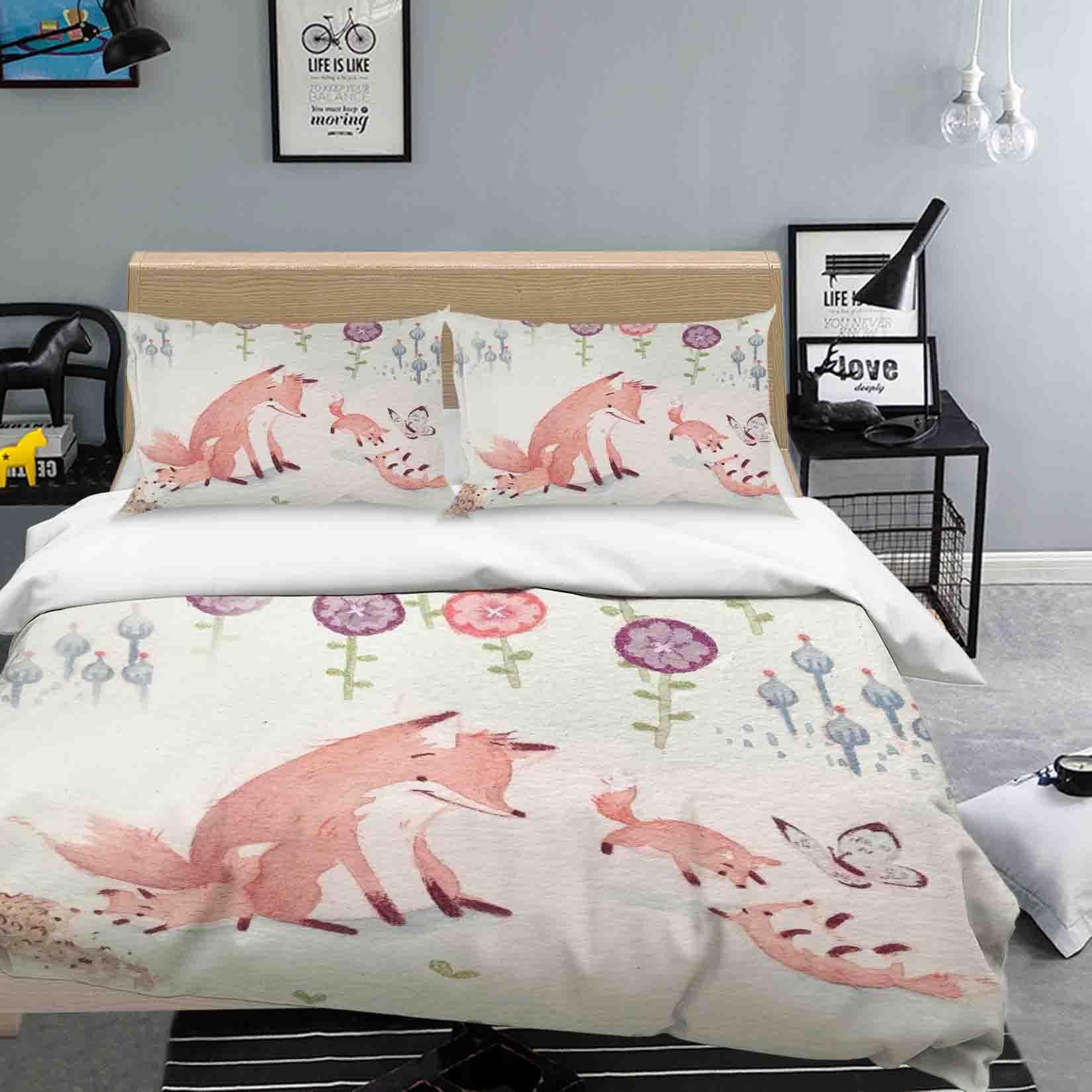 3D Watercolor Floral Fox Butterfly Quilt Cover Set Bedding Set Duvet Cover Pillowcases SF063- Jess Art Decoration