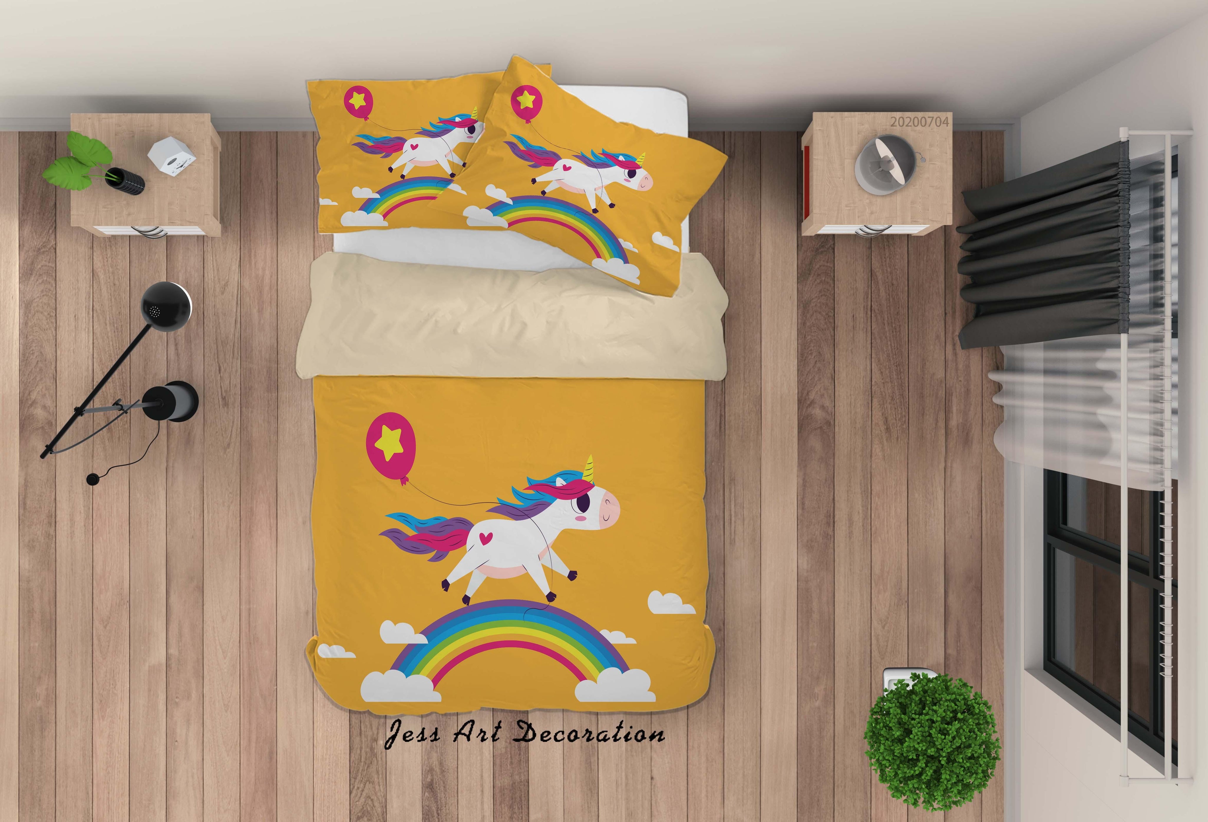 3D Yellow Rainbow Unicorn Quilt Cover Set Bedding Set Duvet Cover Pillowcases SF190- Jess Art Decoration