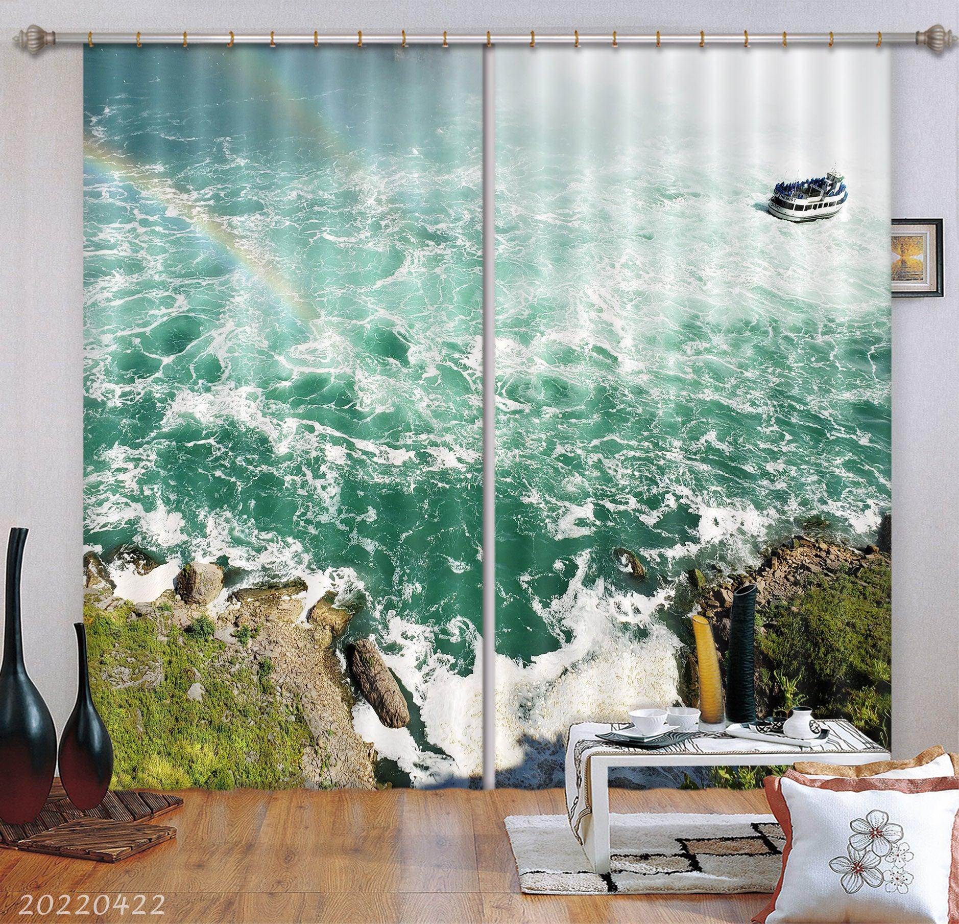 3D Landscape Ocean Wave Ship Rock Mountain Curtains and Drapes GD 4223- Jess Art Decoration