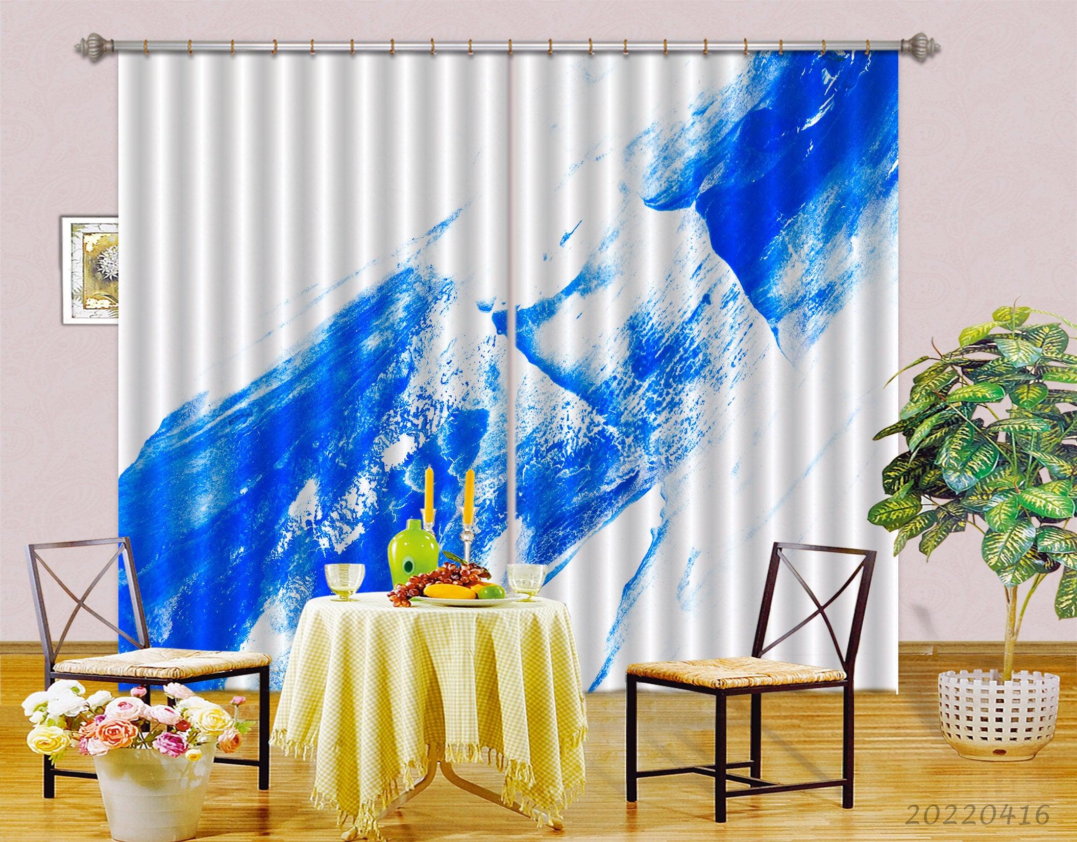 3D Abstract Blue Paint Texture White Curtains and Drapes GD 4329- Jess Art Decoration