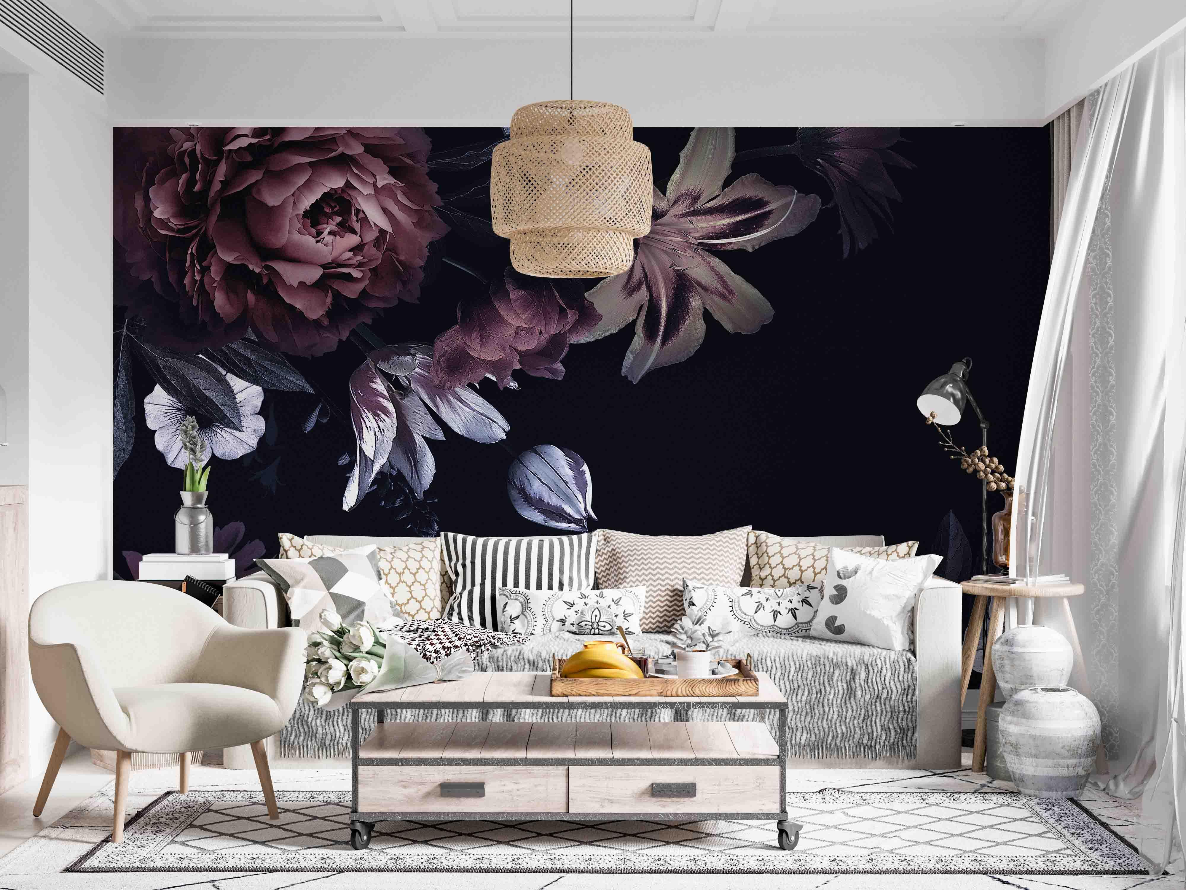 3D Retro Lily Peony Black Background Wall Mural Wallpaper GD 3327- Jess Art Decoration