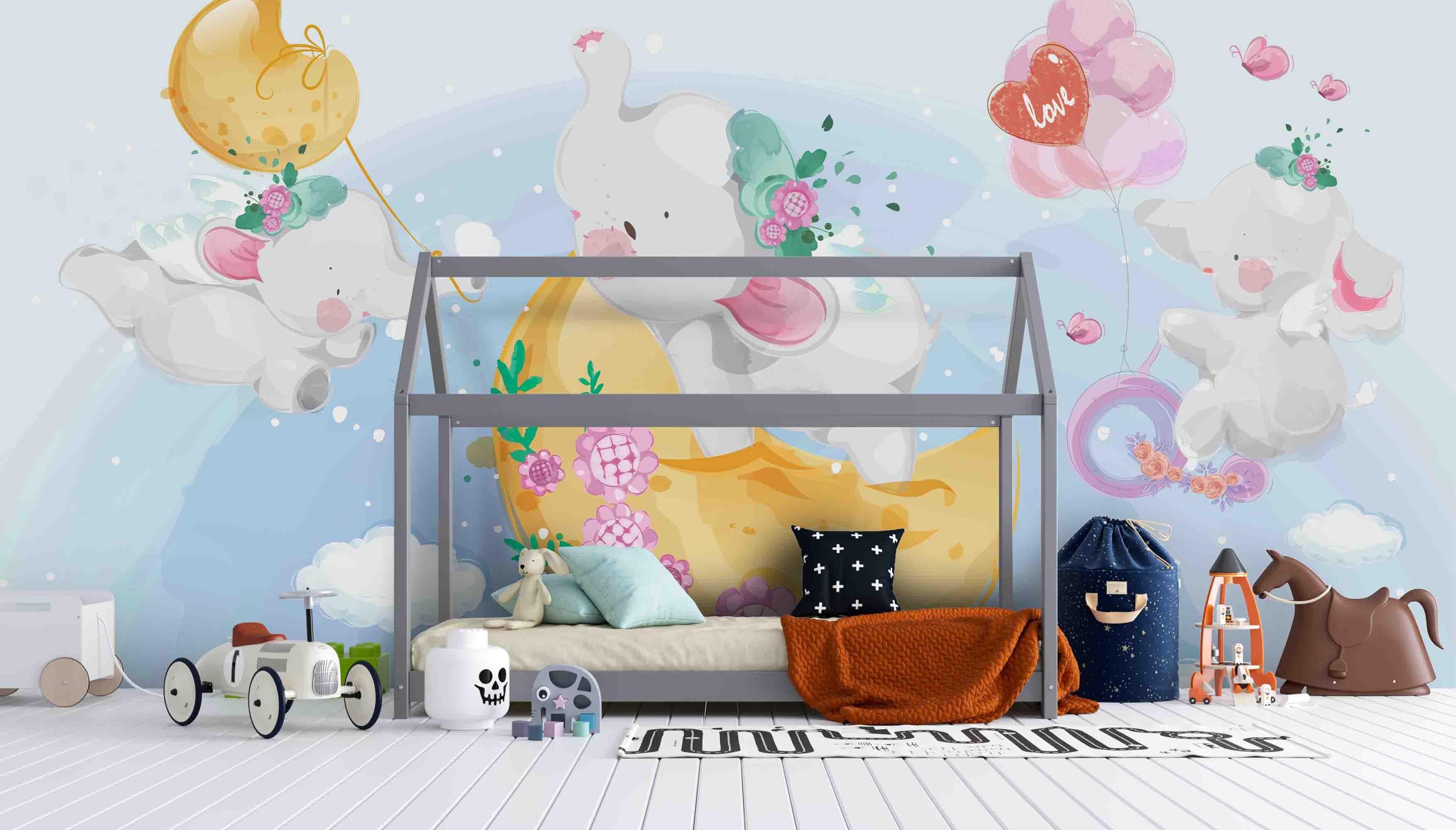3D Cute Cartoon Elephant Moon Wall Mural Wallpaper A021 LQH- Jess Art Decoration
