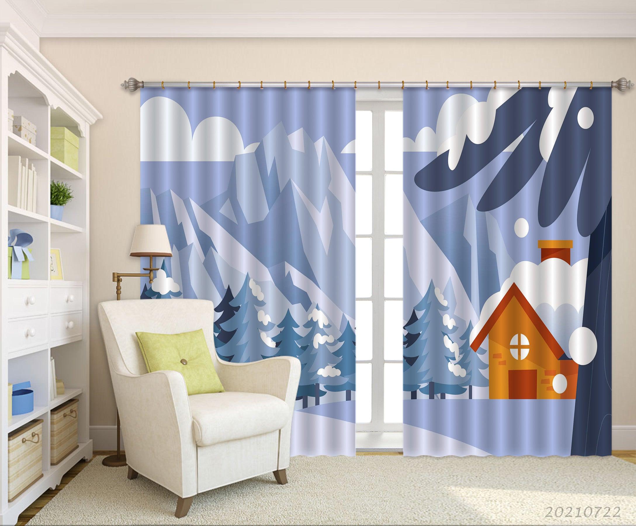 3D Winter Snow Mountain Forest Landscape Curtains and Drapes LQH 29- Jess Art Decoration