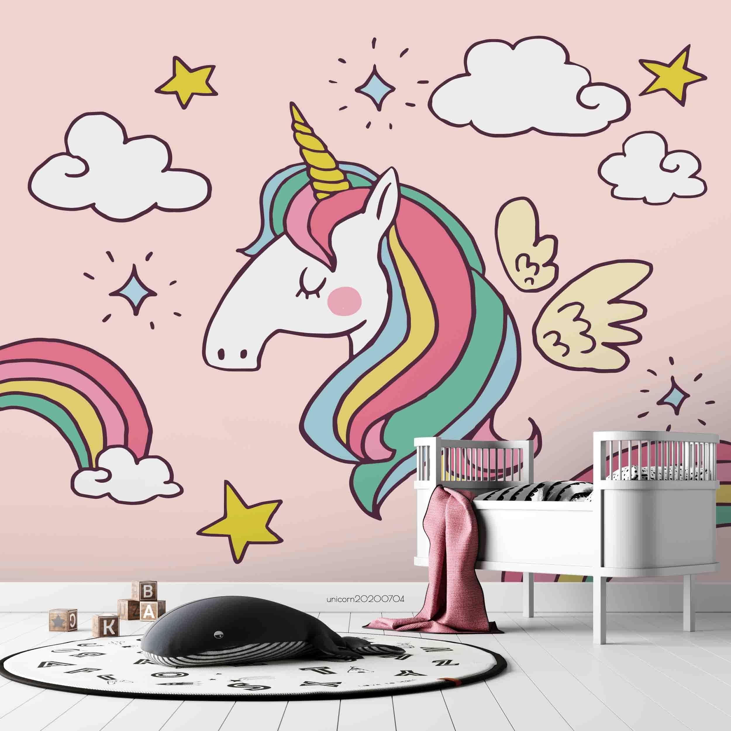 3D Cartoon Rainbow Unicorn Star Pink Wall Mural Wallpaper A219 LQH- Jess Art Decoration