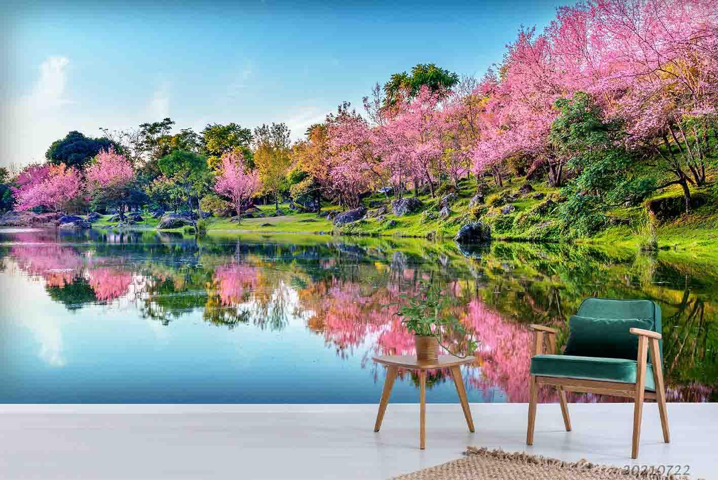 3D Park Lake Cherry Blossom Wall Mural Wallpaper LQH 534- Jess Art Decoration