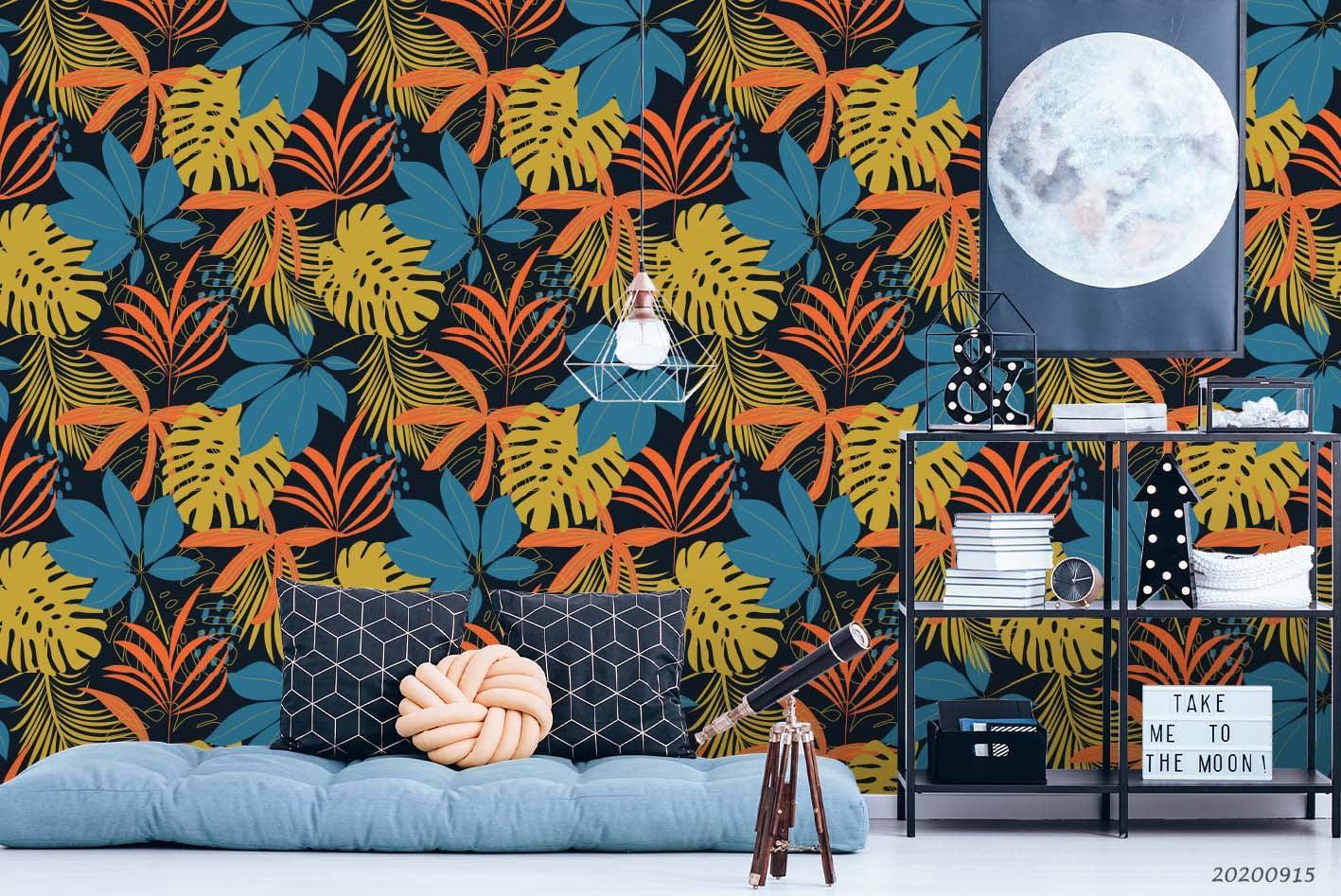 3D Hand Drawn Blue Leaves Plant Pattern Wall Mural Wallpaper LXL 243- Jess Art Decoration