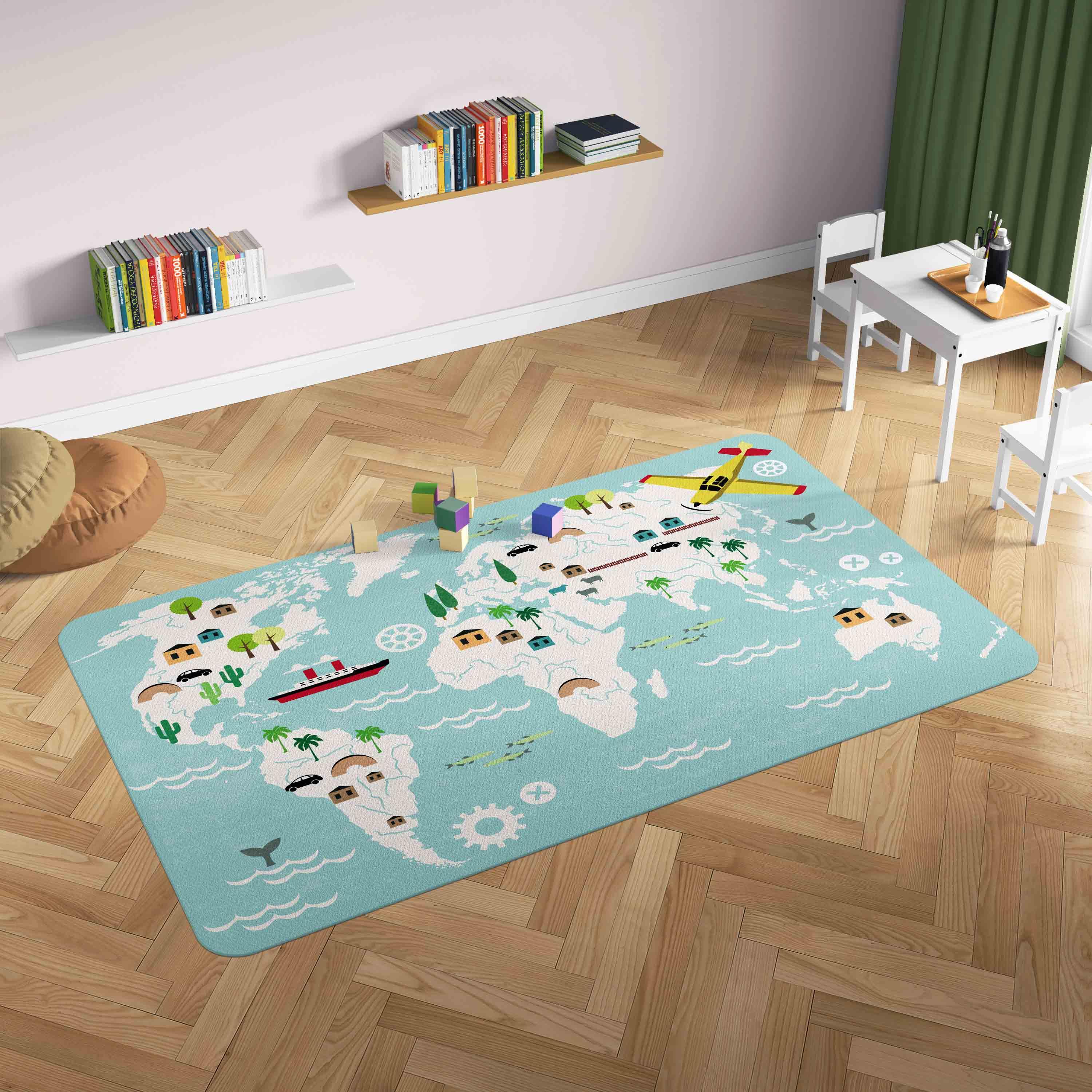 3D World Map Blue Non-Slip Rug Mat 163- Jess Art Decoration
