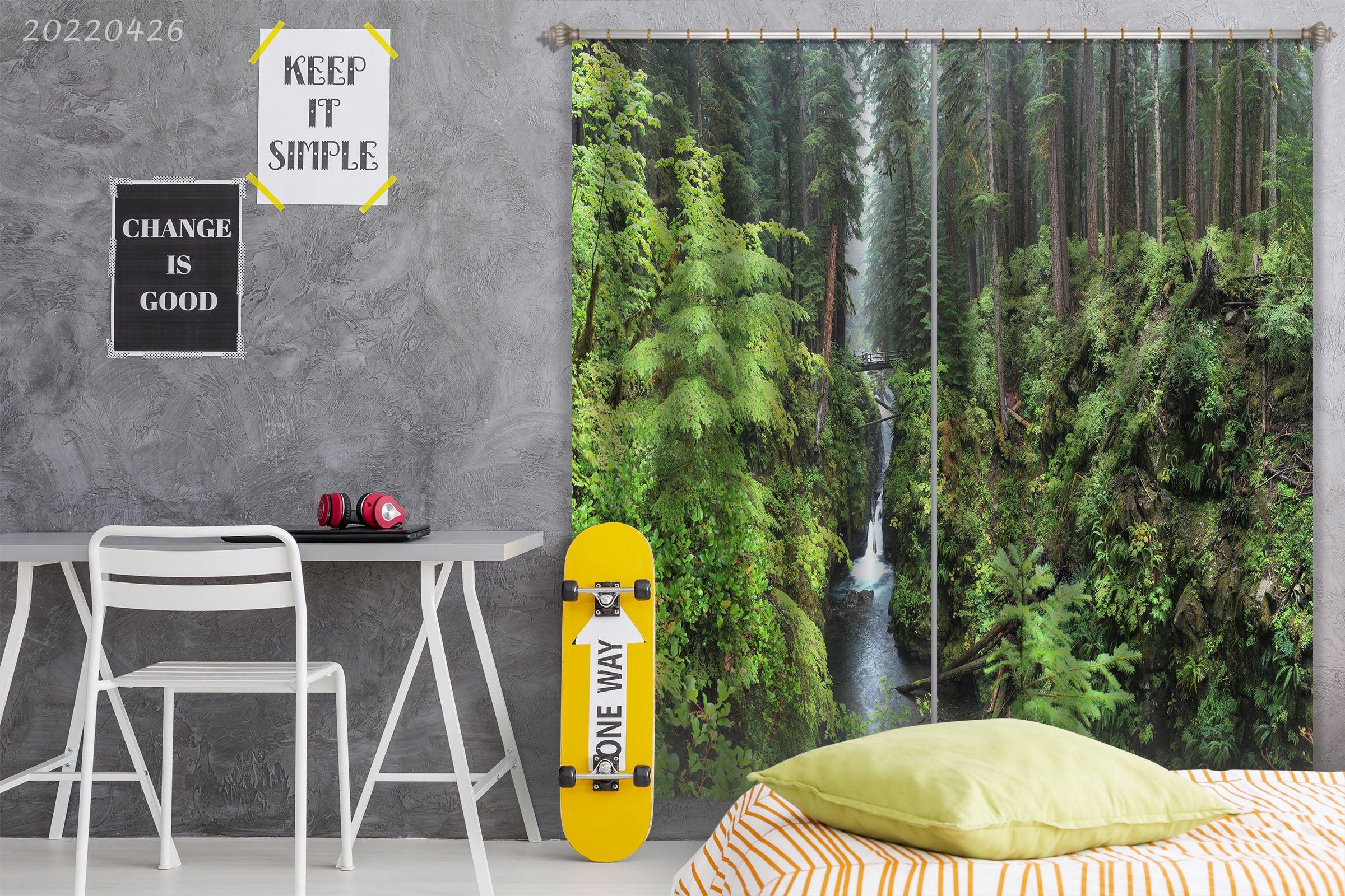 3D Landscape Mountain Forest Waterfall River Bridge Curtains and Drapes GD 4933- Jess Art Decoration