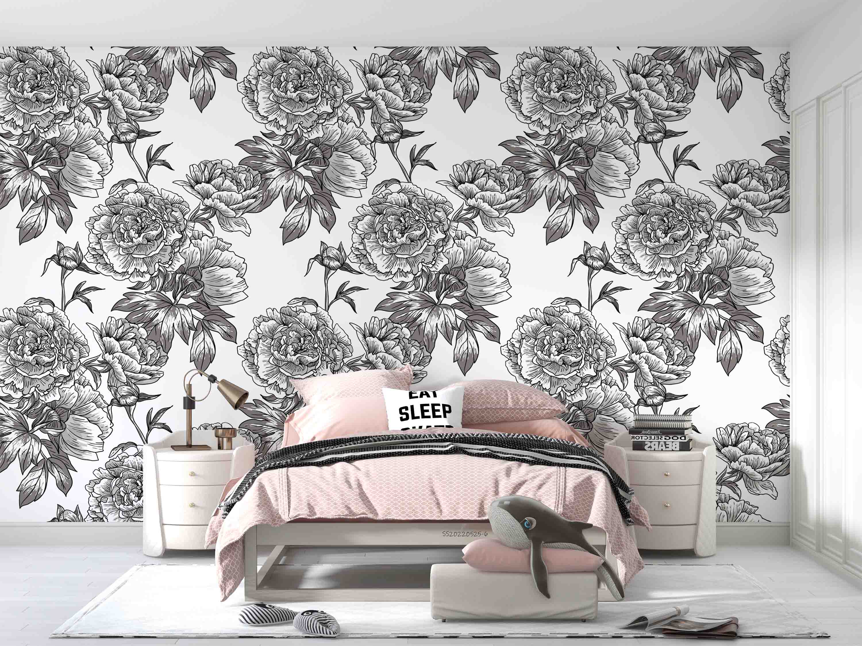 3D Sketch Peony Floral Pattern Black White Wall Mural Wallpaper GD 1329- Jess Art Decoration