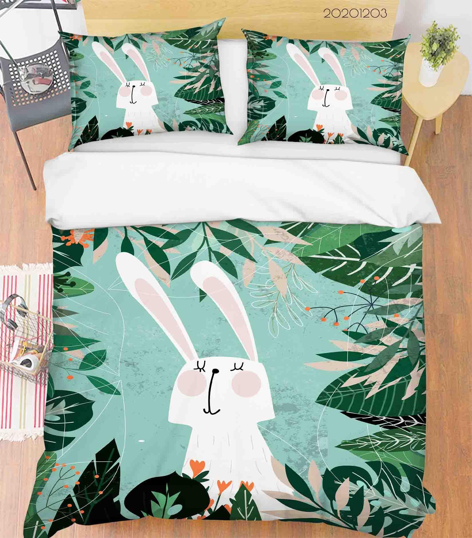 3D Cartoon Hand Drawn Green Leaves Plant Bunny Animal Quilt Cover Set Bedding Set Duvet Cover Pillowcases LXL- Jess Art Decoration