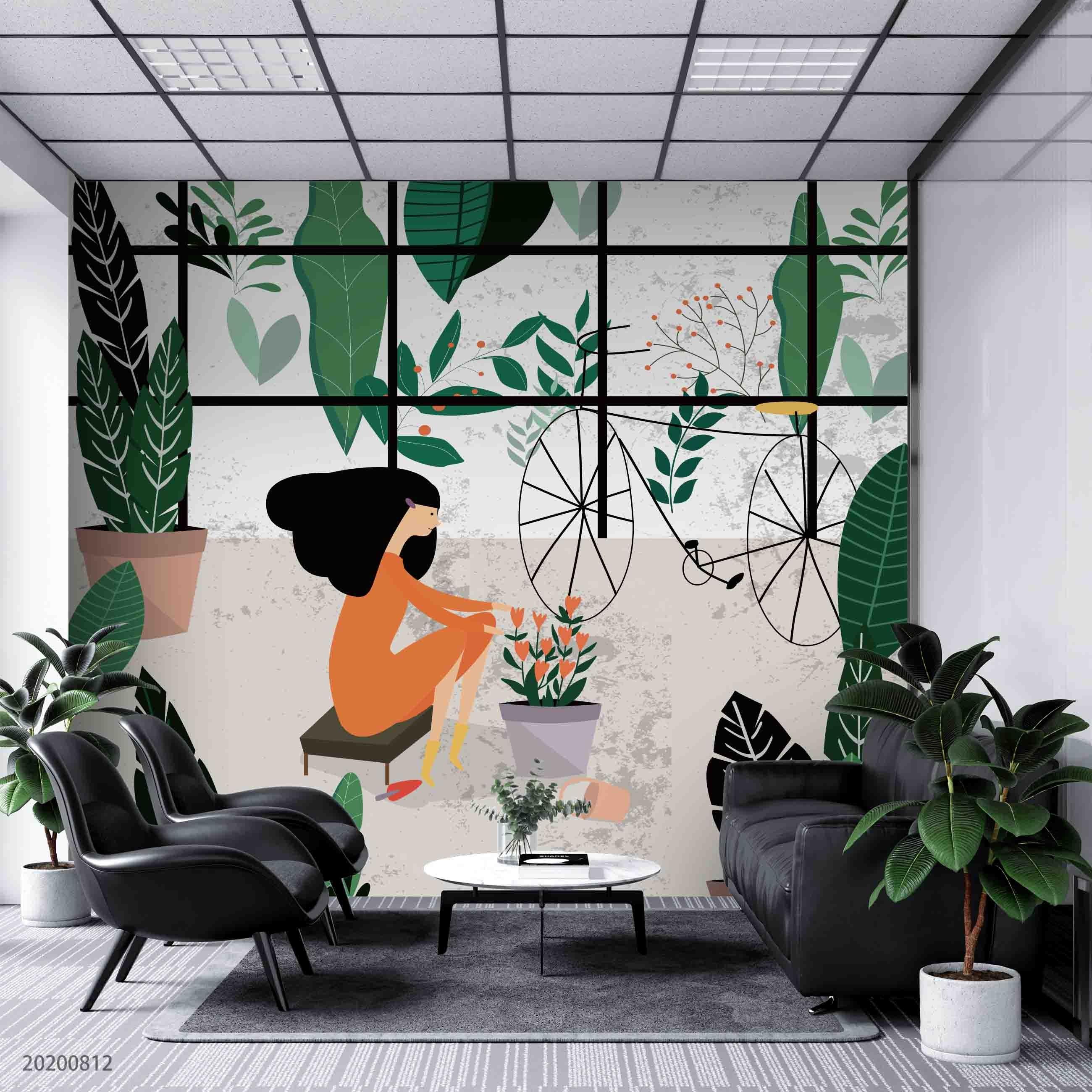 3D Hand Sketching Orange Girl Green Leaves Plant Wall Mural Wallpaper LXL 1072- Jess Art Decoration