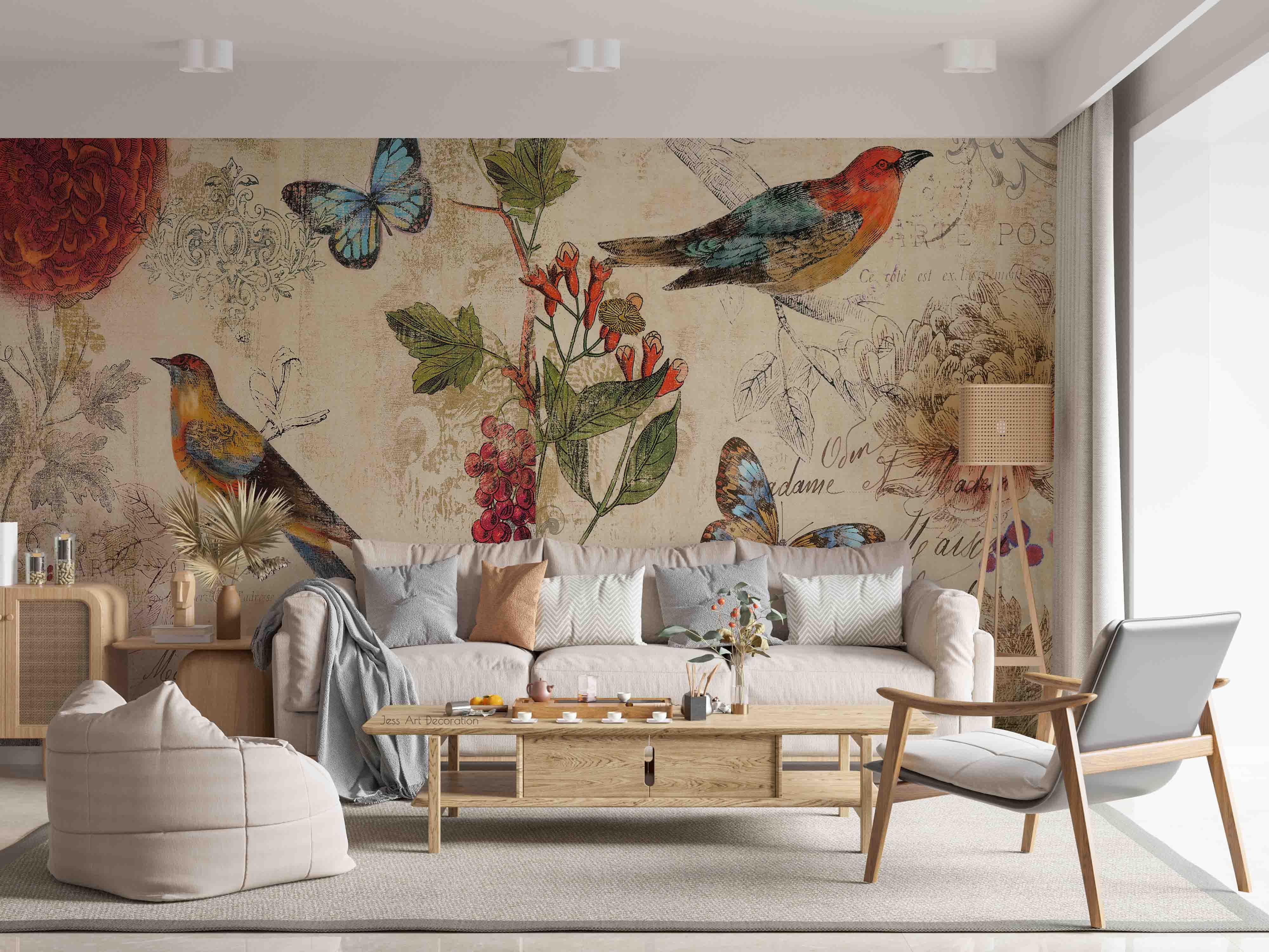 3D Vintage Bird Butterfly nostalgic bird butterfly mural wall mural wallpaper for living room - view 3