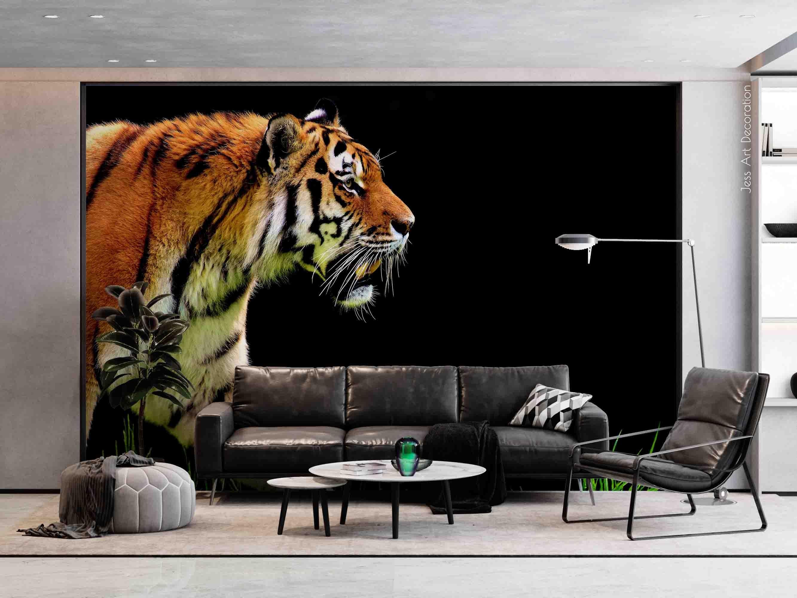 3D Golden Tiger Black Background Wall Mural Wallpaper GD 3099- Jess Art Decoration