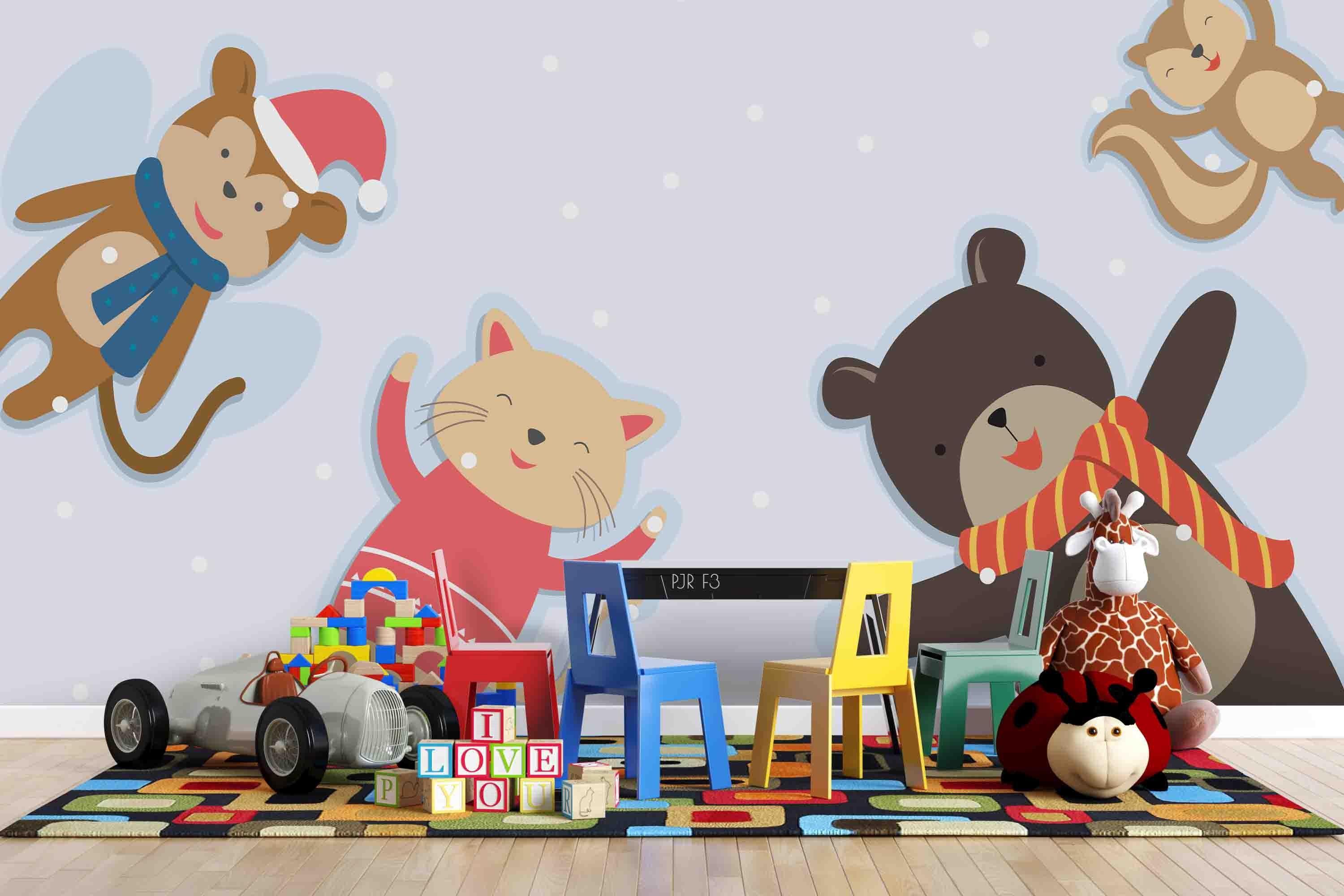 3D Cartoon Monkey Cat Bear Squirrel Animal Wall Mural Wallpaper LXL- Jess Art Decoration