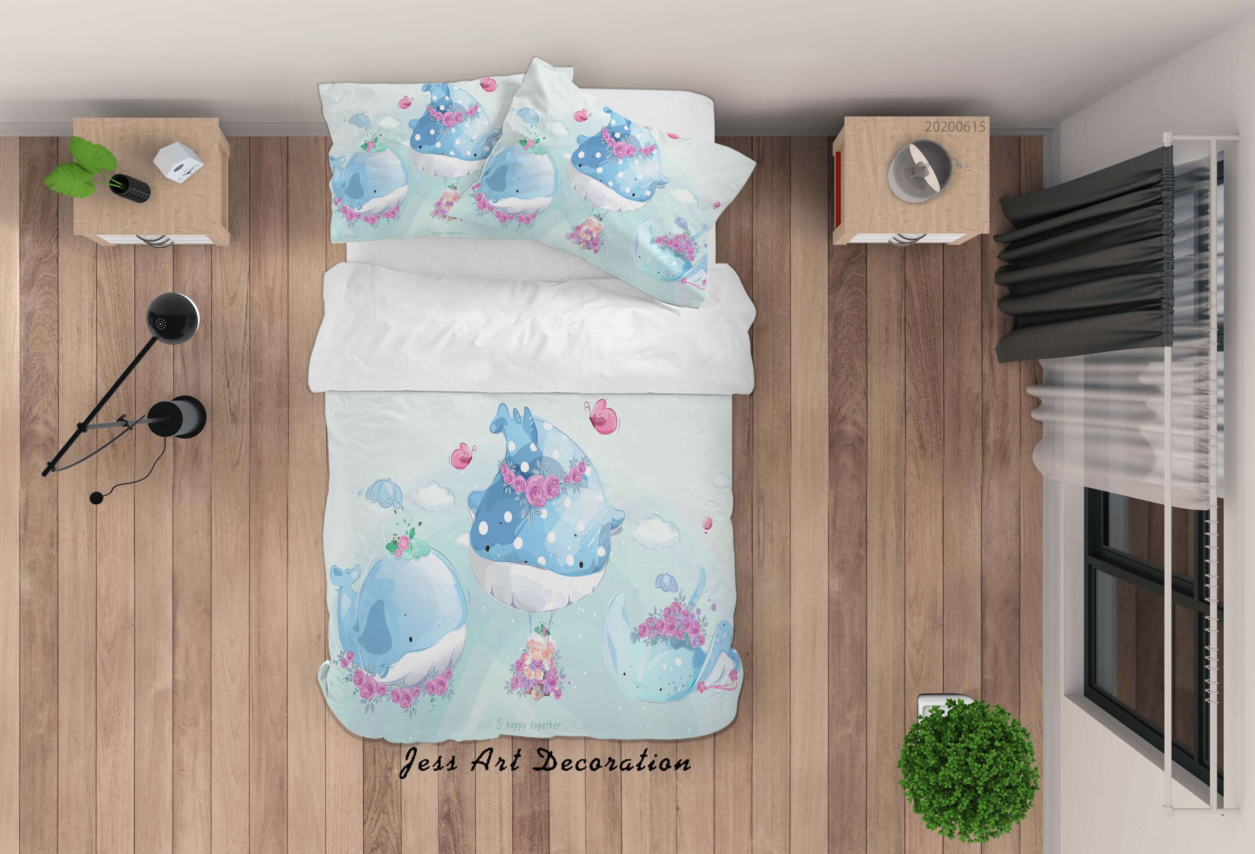 3D  Blue Whale Floral Quilt Cover Set Bedding Set Duvet Cover Pillowcases SF32- Jess Art Decoration