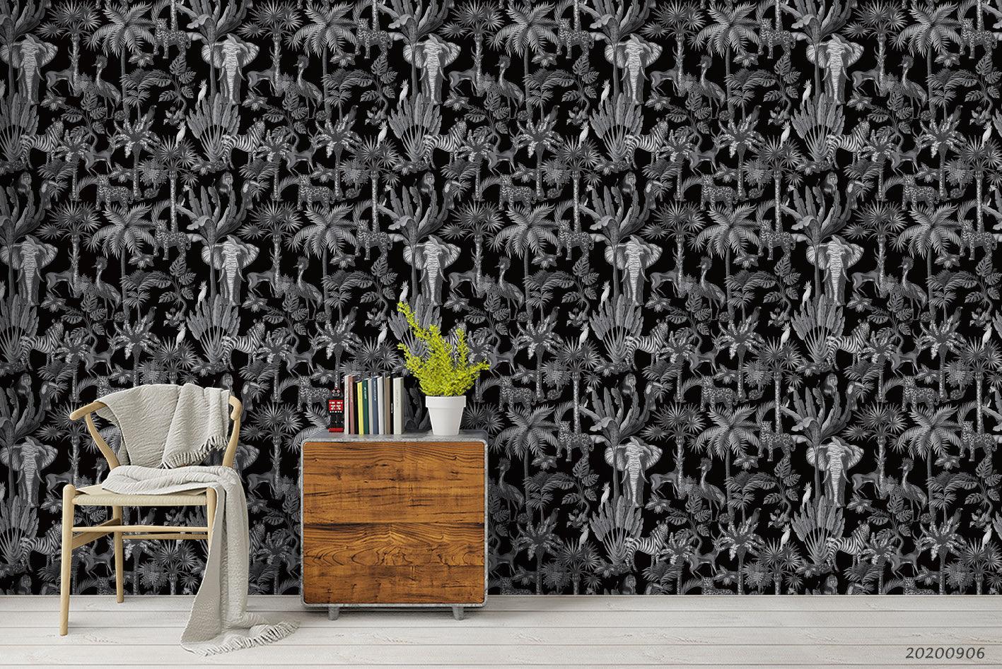 Vinatge Elephant Animal Palm Tree Plant Pattern Wall Mural Wallpaper LXL- Jess Art Decoration