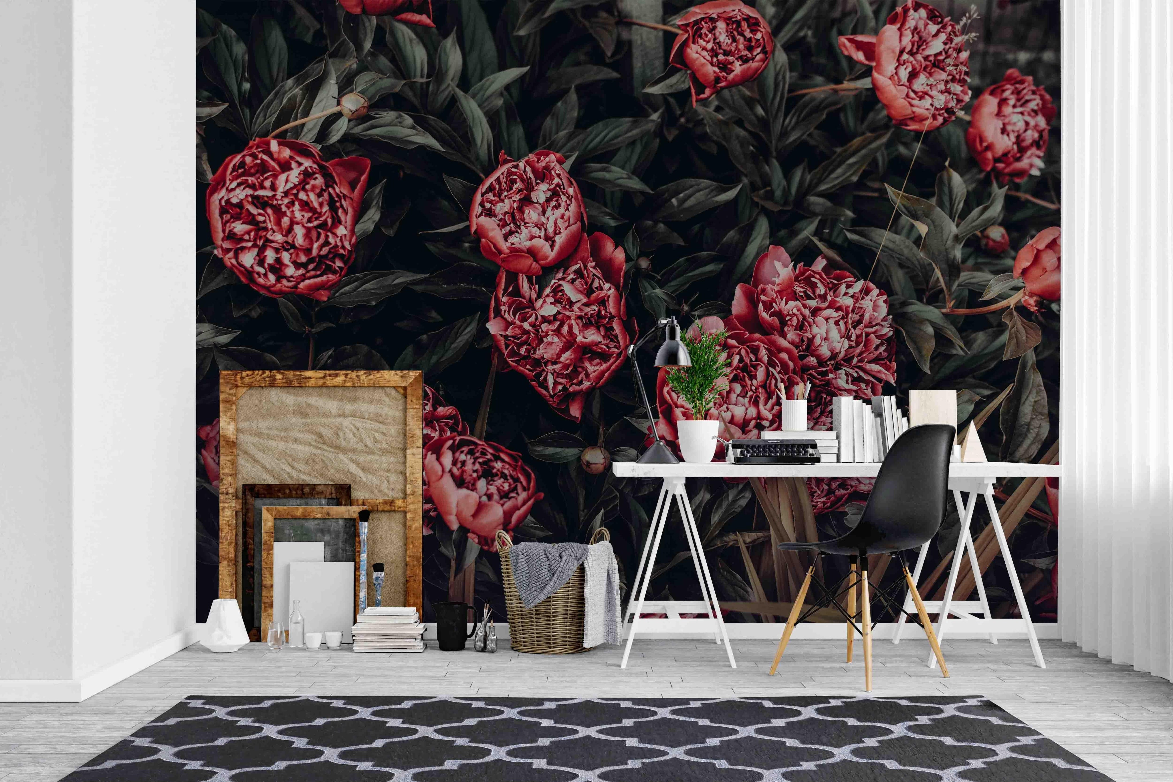3D Red Peony Leaves Wall Mural Wallpaper A168 LQH- Jess Art Decoration
