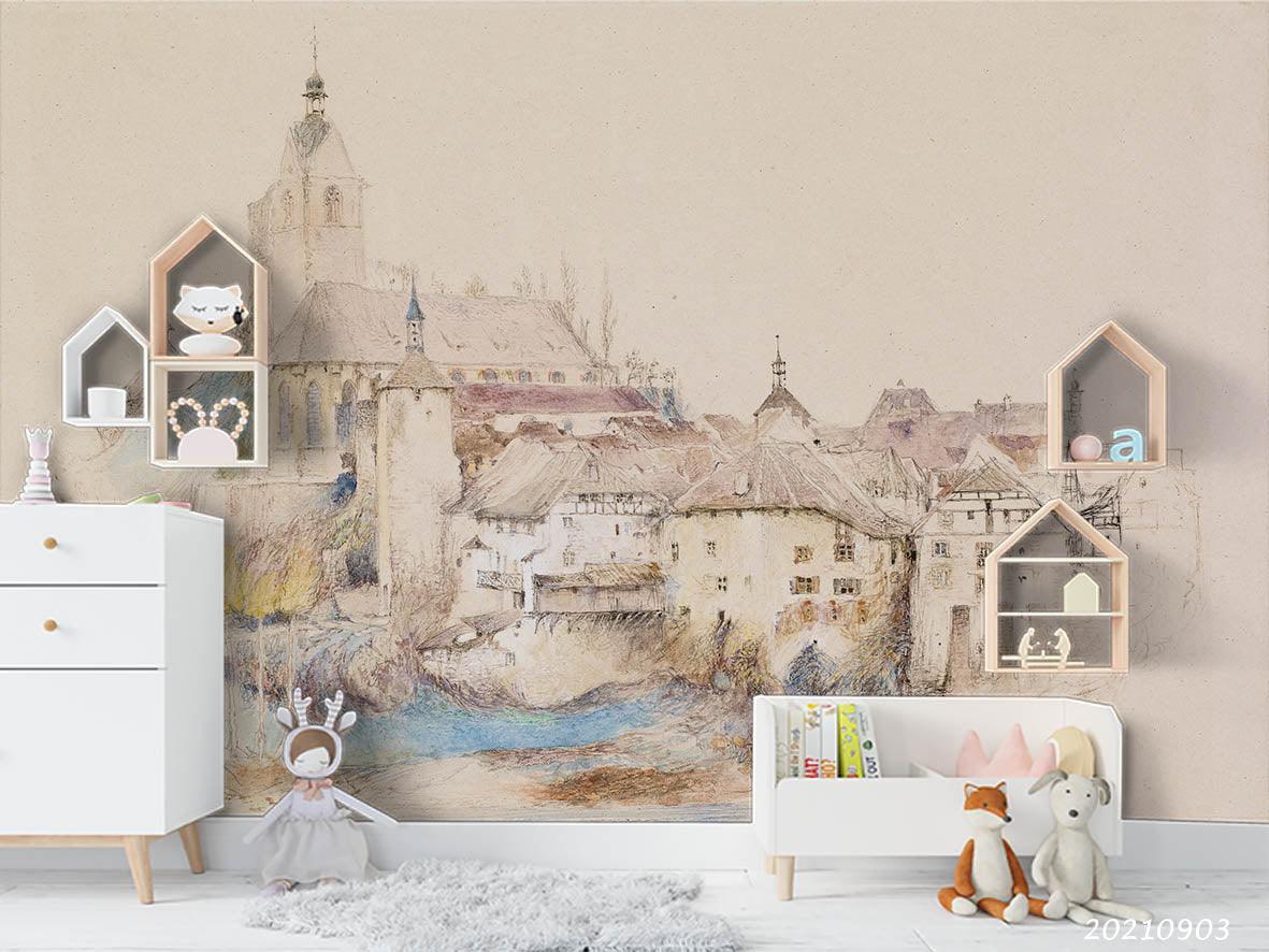 3D Hand Drawn Castle Building Wall Mural Wallpaper LQH 117- Jess Art Decoration