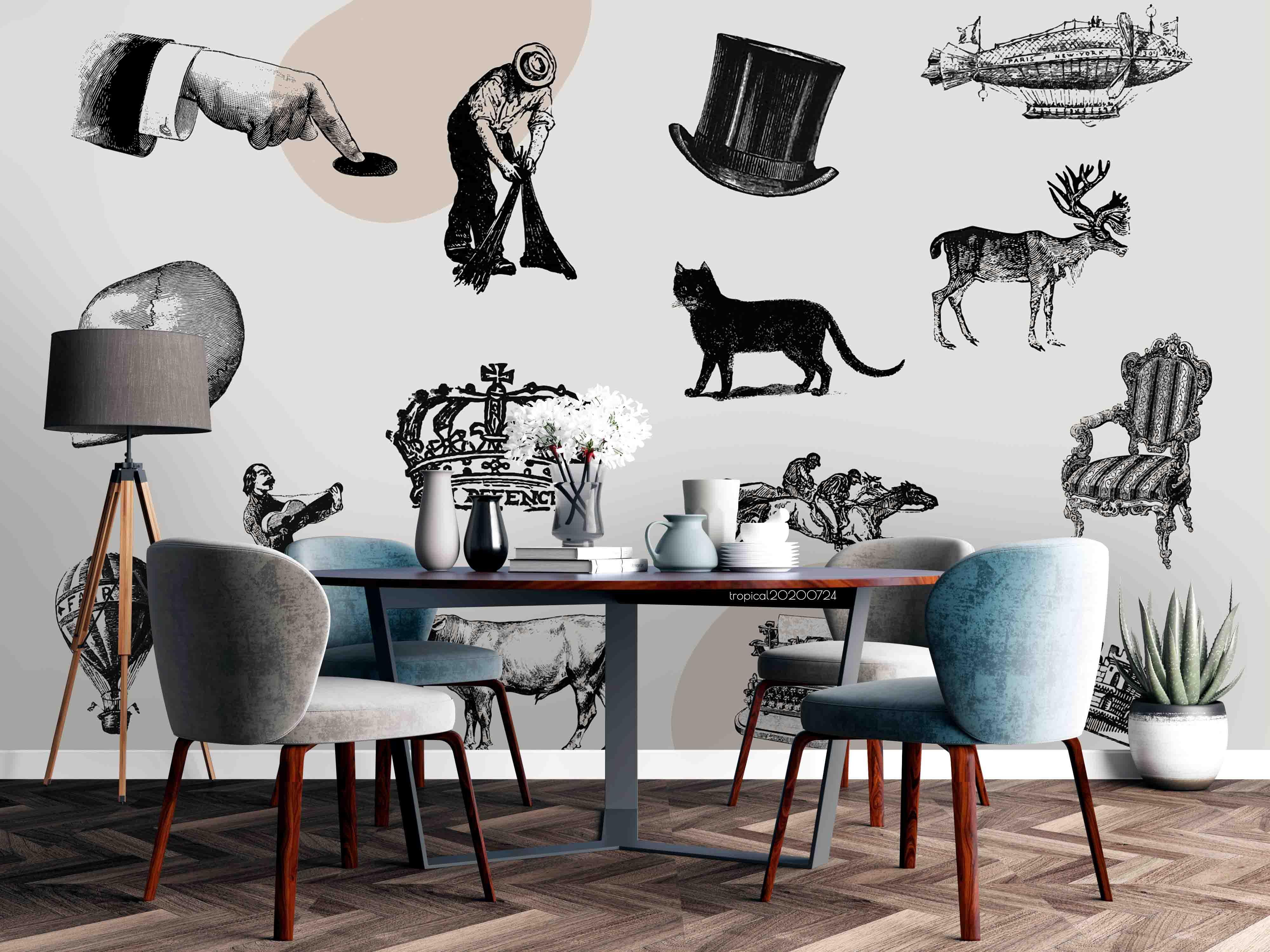 3D Vintage Hand Sketching Crown Animal Wall Mural Wallpaper LXL 564- Jess Art Decoration