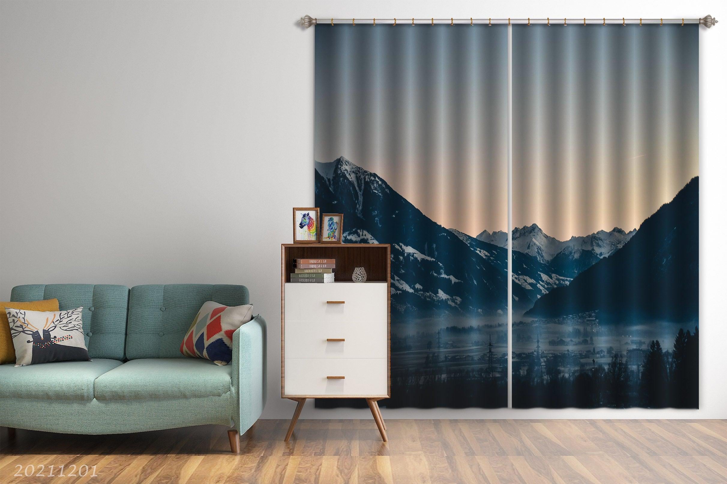 3D Mountain Snow Plant Jungle Landscape Blue Curtains and Drapes LLL 26- Jess Art Decoration